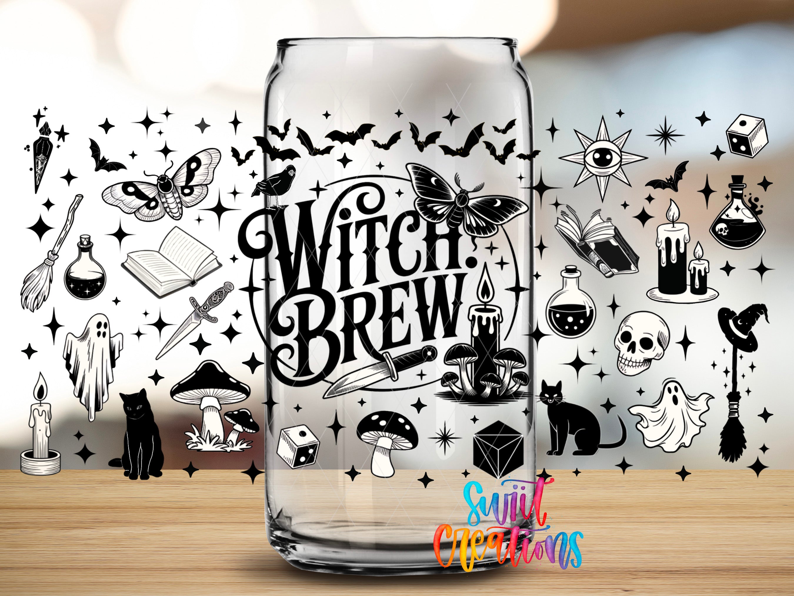 A glass can with the text "Witch Brew" printed on it, surrounded by various Halloween-themed illustrations such as bats, butterflies, skulls, mushrooms, and candles.