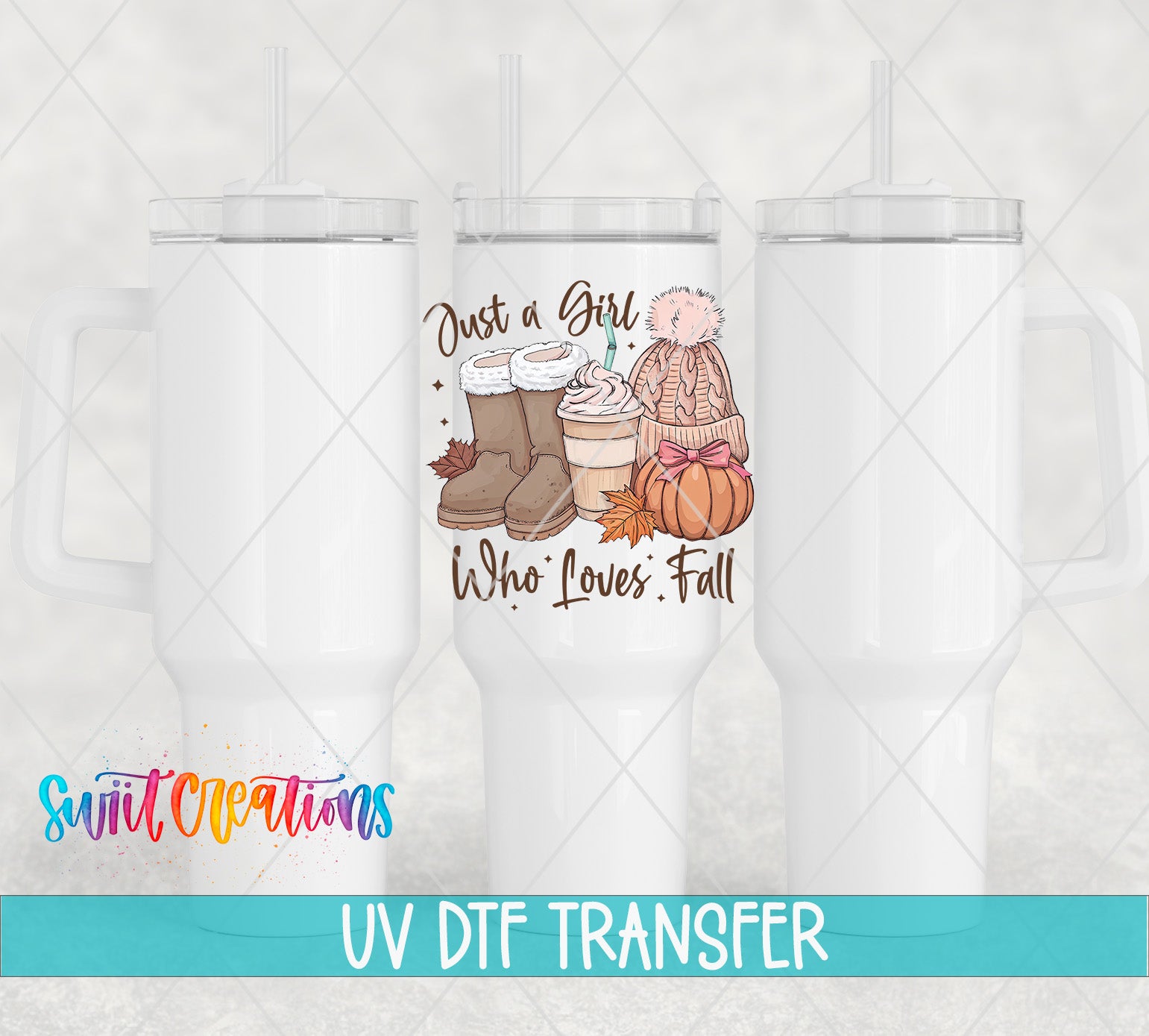 three white tumblers with a printed design on them, including a pumpkin, boots, and a cup of coffee.