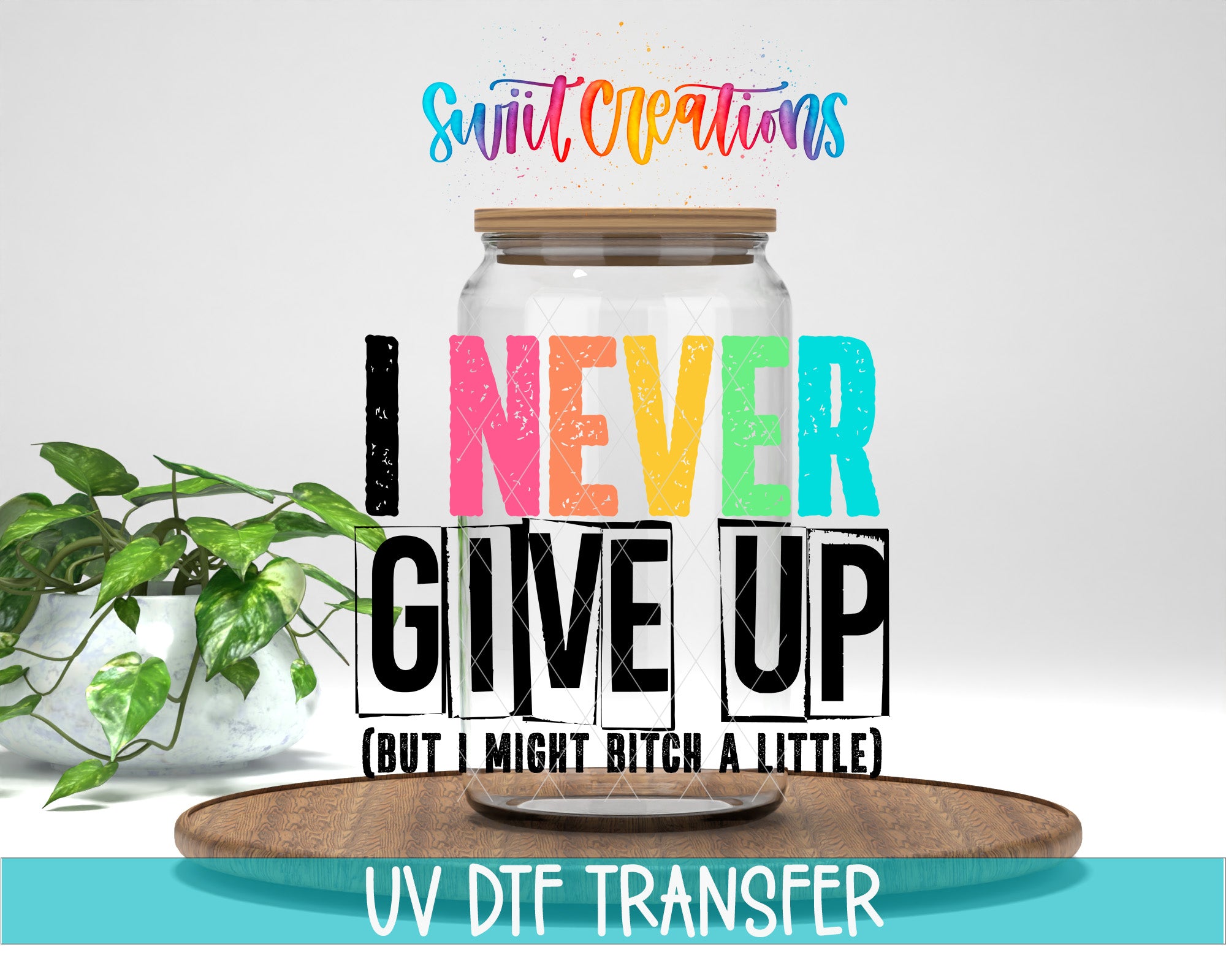 The image is a digital art piece featuring a large text overlay on a glass jar, surrounded by a colorful background.