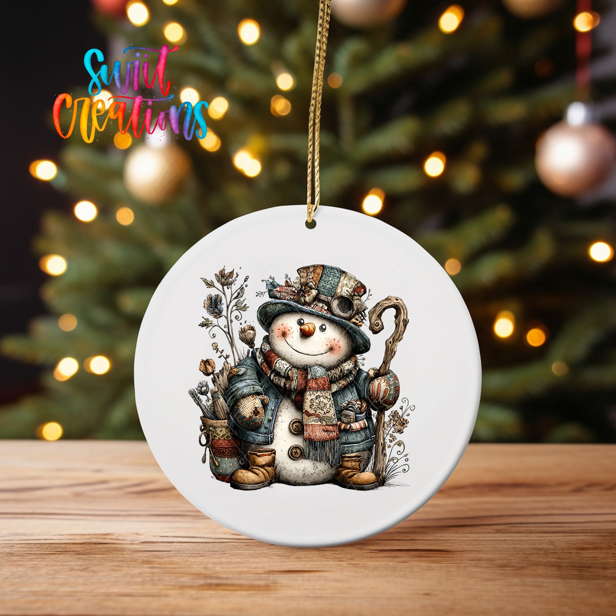 A white ornament featuring a snowman with a hat and scarf, holding a cane and a lantern, is hanging from a string against a blurred background of Christmas lights.