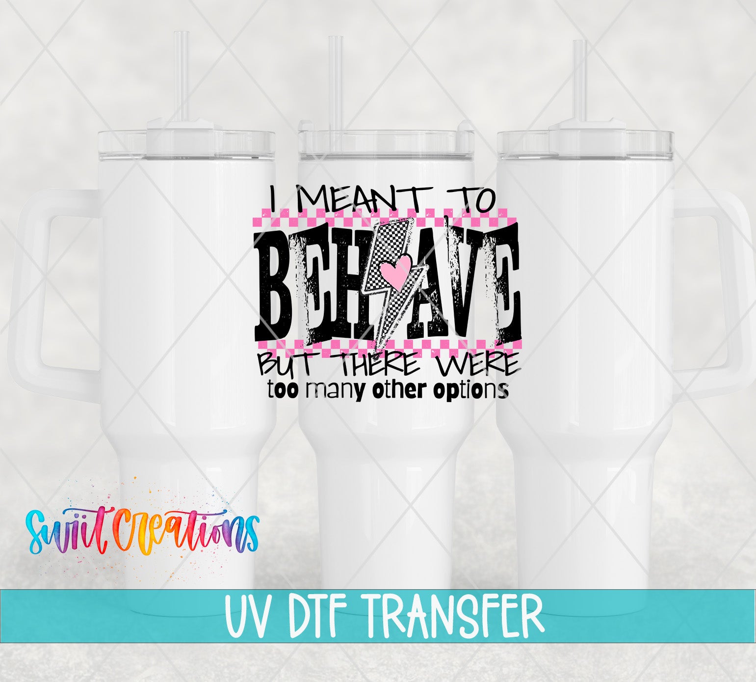 a white mug with a printed text design on it, along with a UV DFT (Digital Ink Transfer) logo and text below it.