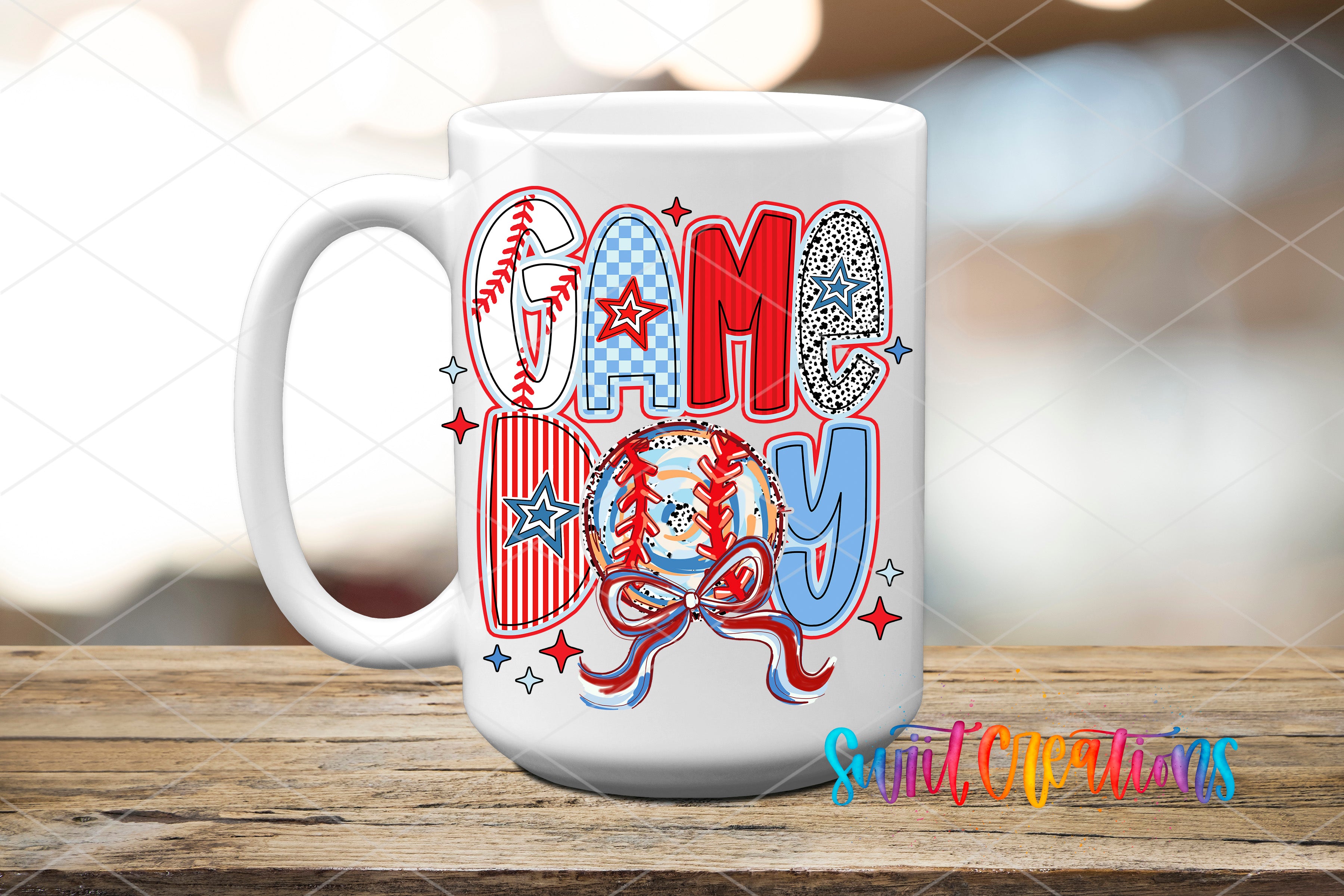 A white mug with a colorful design featuring the word "GAME DAY" and baseball-related imagery.