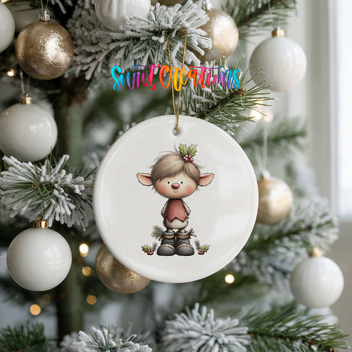 A white ceramic ornament with a cartoon image of a young elf is hanging on a Christmas tree, surrounded by white and gold ornaments.