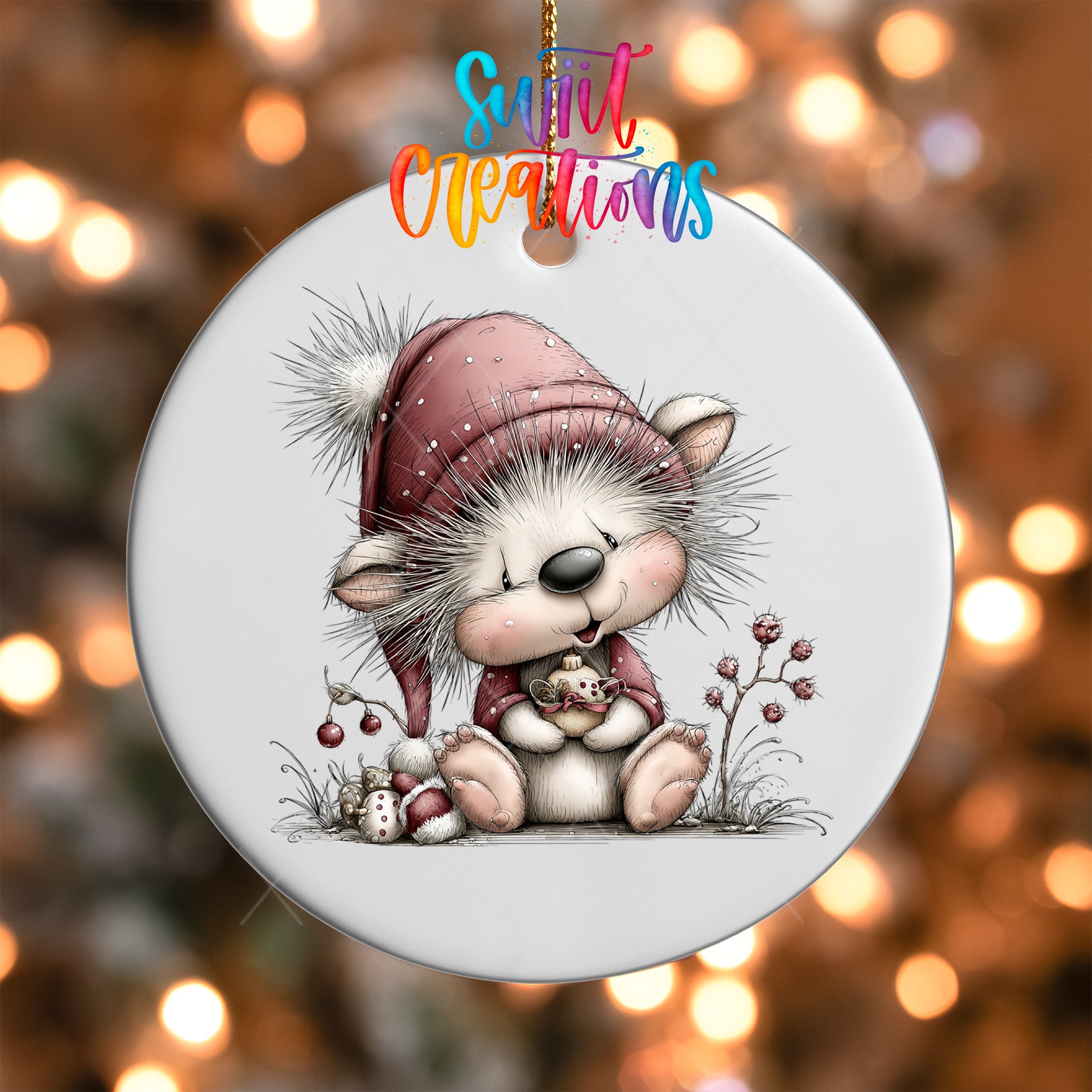 A white ornament featuring a cute cartoon illustration of a small animal, likely a rabbit or a hedgehog, wearing a red hat and holding a small object.