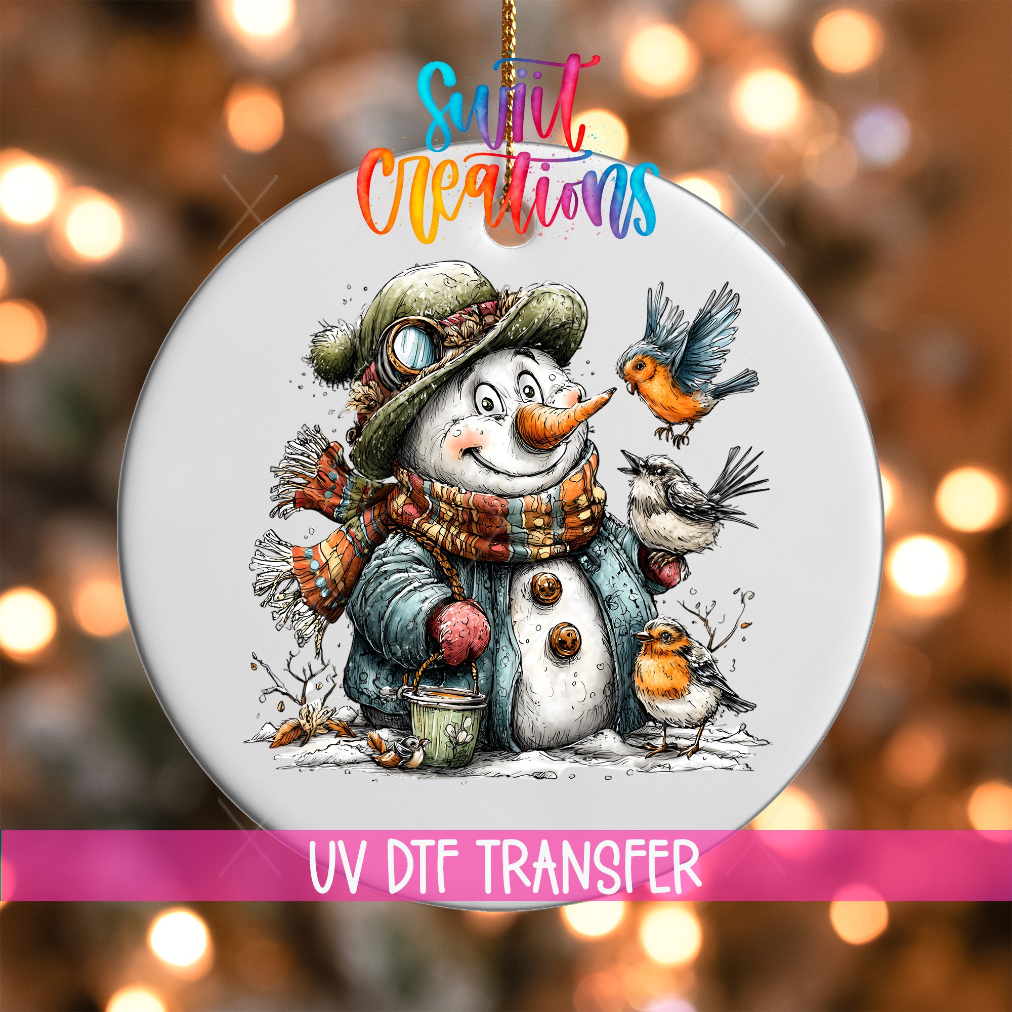 A snowman wearing a hat and scarf, holding a bird and a cup, is depicted in the image.
