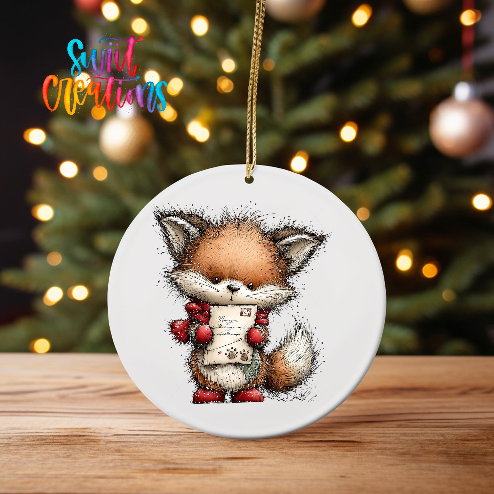 A white ceramic ornament featuring a cartoon illustration of a fox holding a letter, with a Christmas tree in the background.