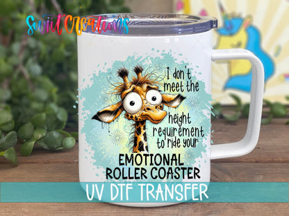 Swiit Creations UV DTF Emotional Roller Coaster transfer displayed on a white coffee mug
