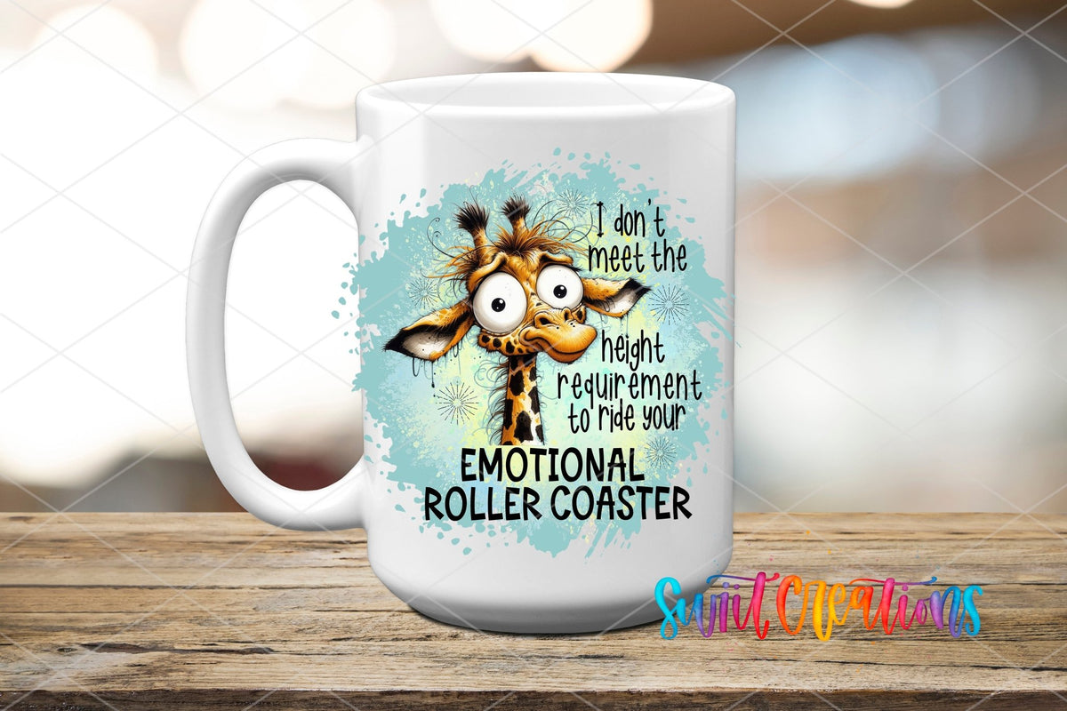 Swiit Creations UV DTF Emotional Roller Coaster transfer applied to a white ceramic mug