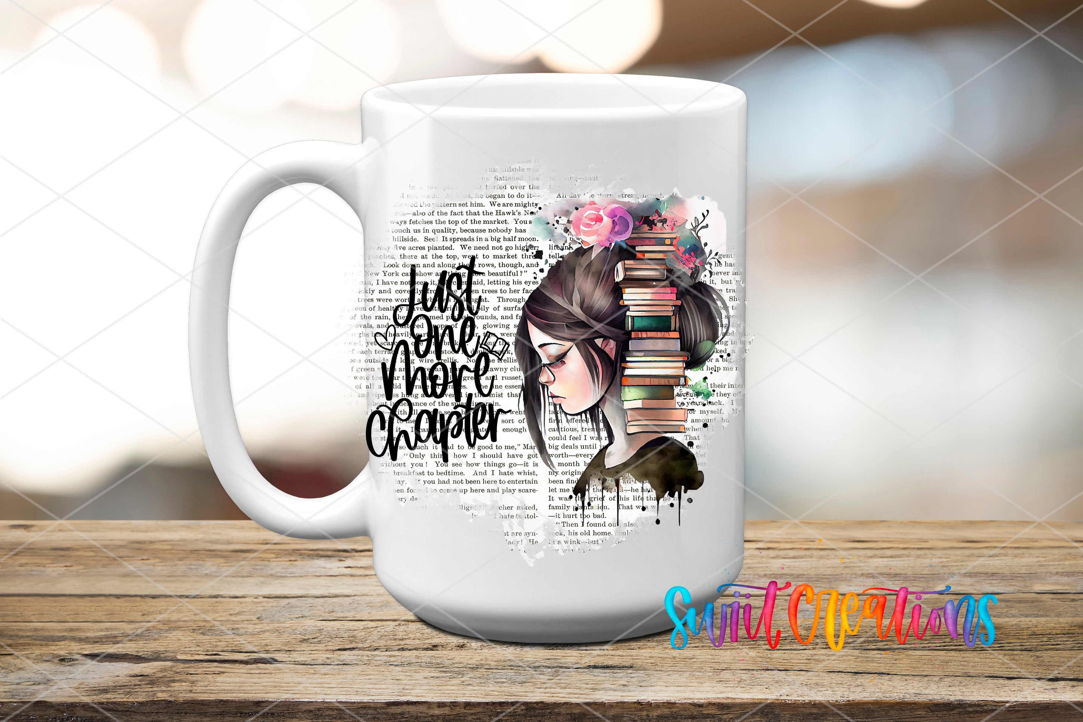 A white ceramic mug with a printed design featuring a woman's face surrounded by a stack of books and flowers. The text on the mug reads "Just one chapter".
