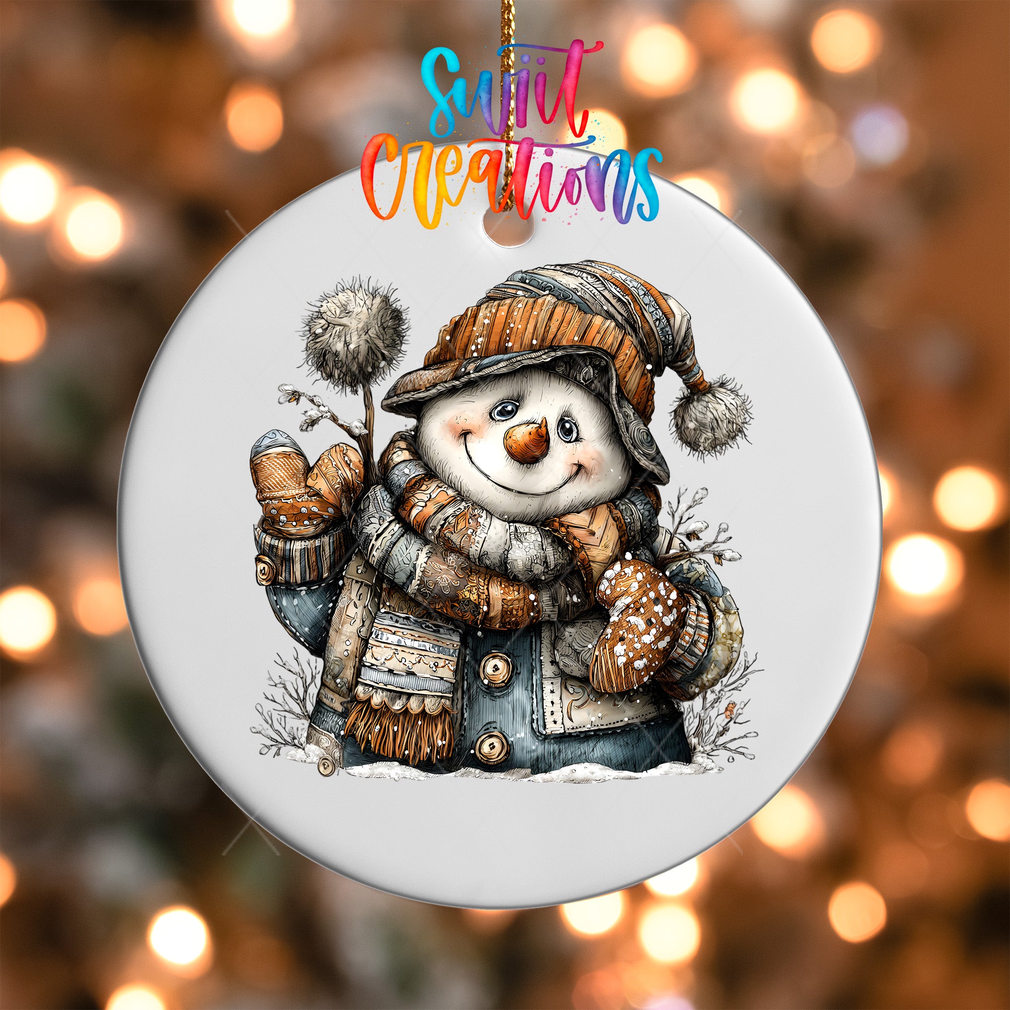 A snowman ornament with a colorful scarf and hat, holding a carrot and surrounded by snow and trees, is hanging against a background of twinkling lights.