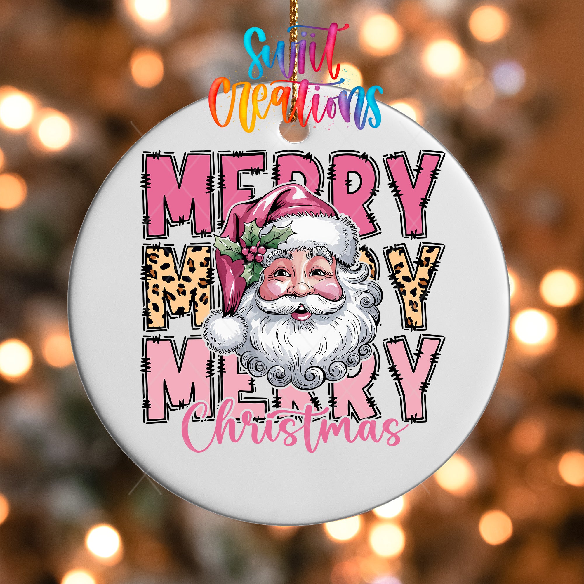 A white ornament with a Santa Claus face and the text "MERRY MERRY CHRISTMAS" printed on it.