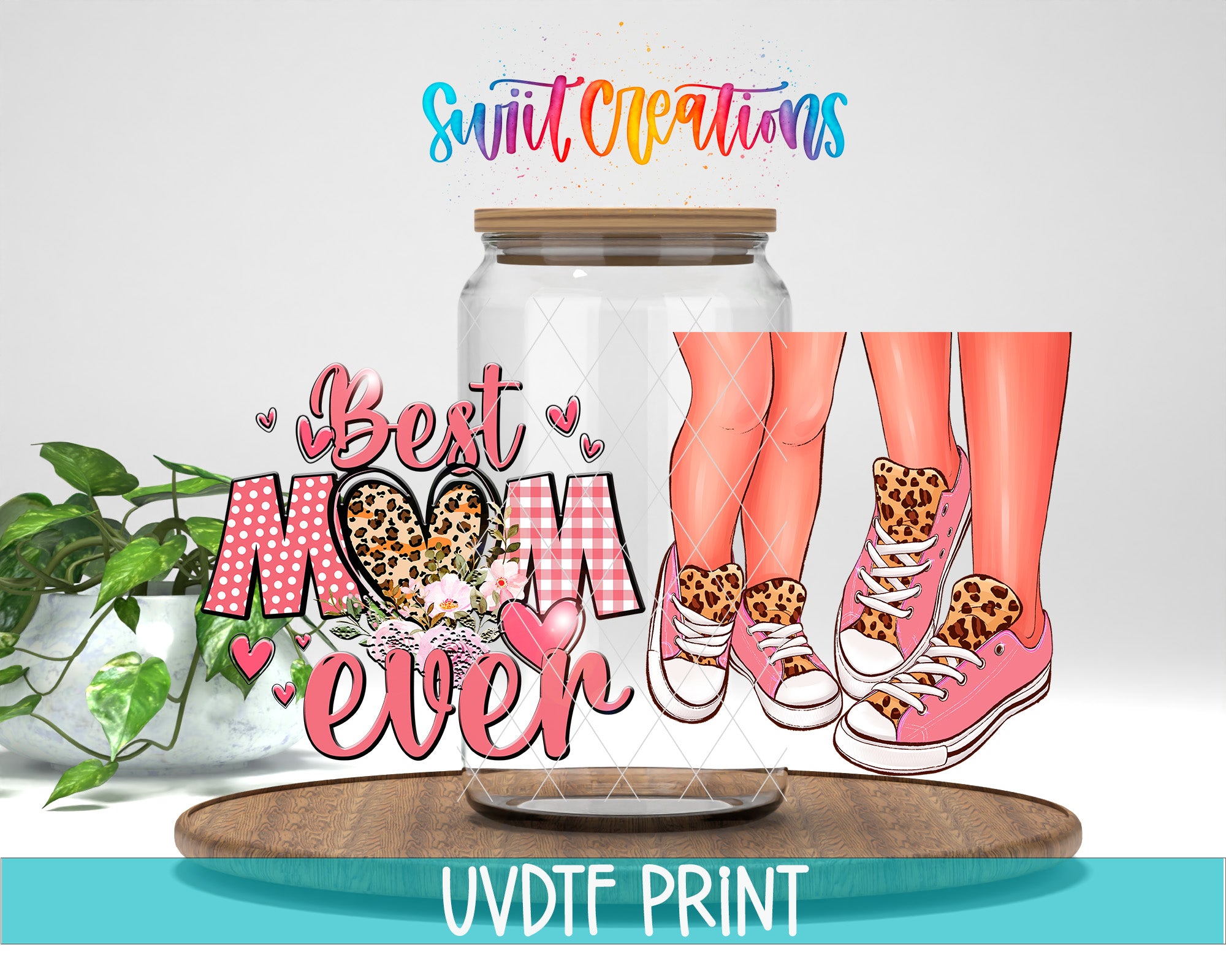 The image is a collage featuring a glass jar with a leopard print design, a pair of leopard print sneakers, and a floral design with the text "Best Mom Ever".