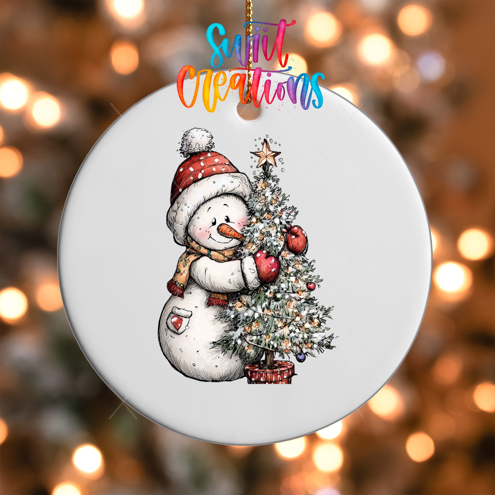 A snowman is depicted holding a Christmas tree, with a star on top, against a blurred background of lights.