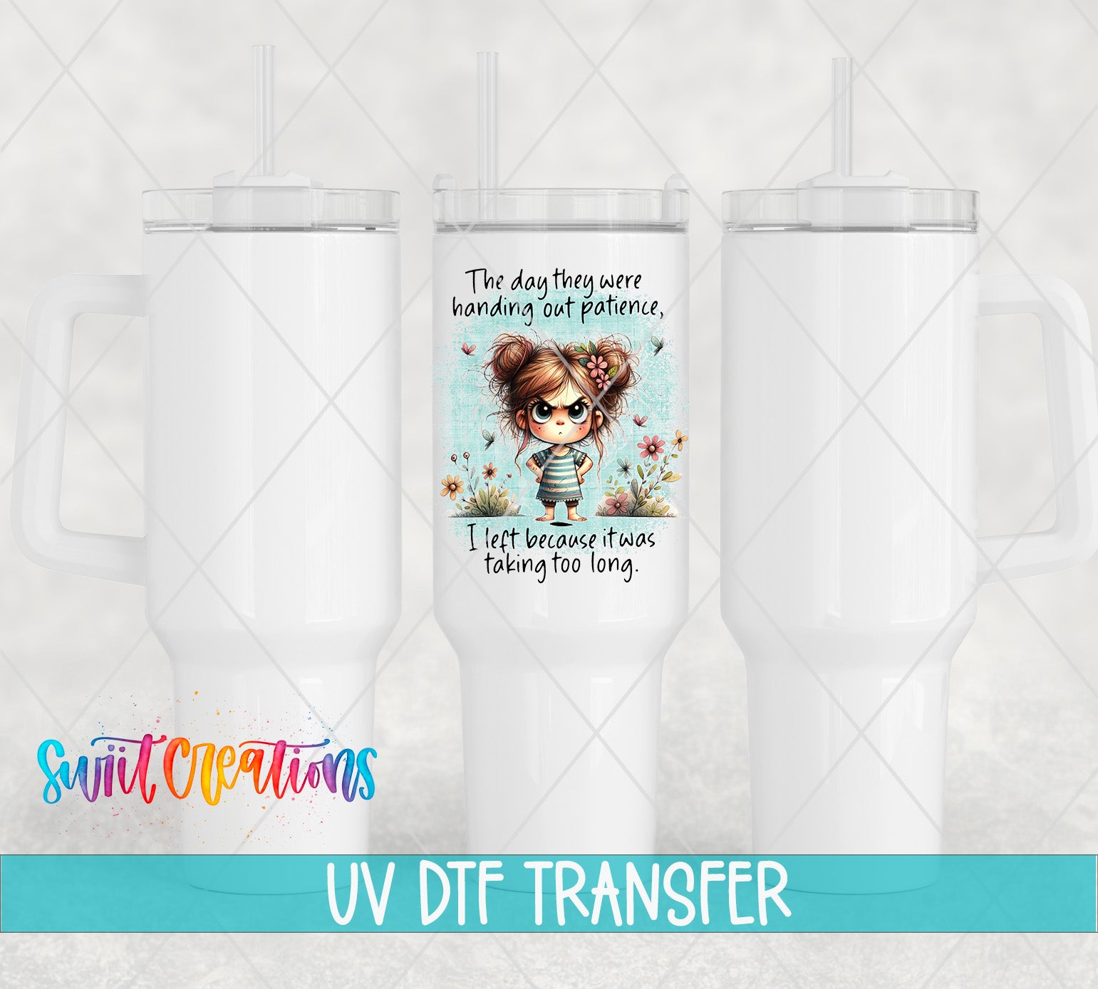The image is a UV DFT Transfer of a white tumbler with a printed design of a girl on it.