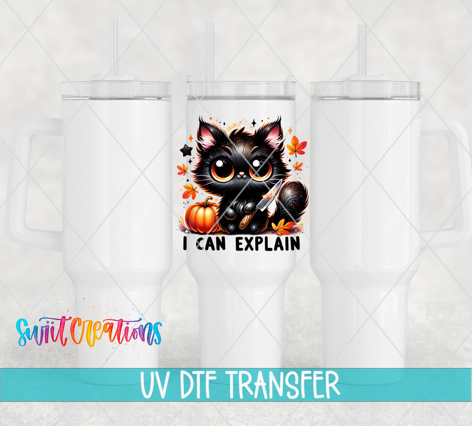 three white tumblers with a cat design and the text "I CAN EXPLAIN" printed on them.