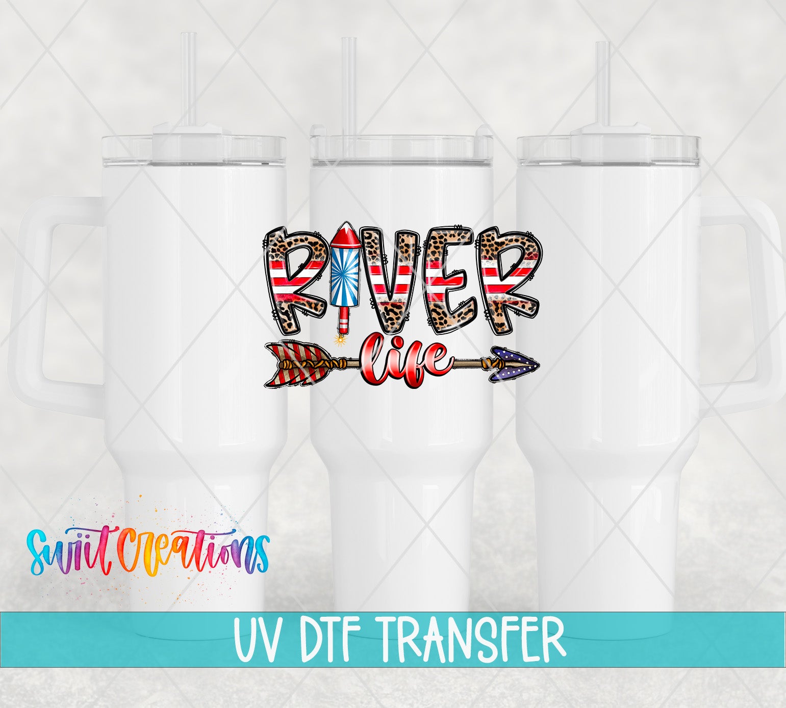 three white tumblers with a stylized design on them, including a red, white, and blue rocket-like element and the text "RIVER LIFE" in a bold, stylized font.
