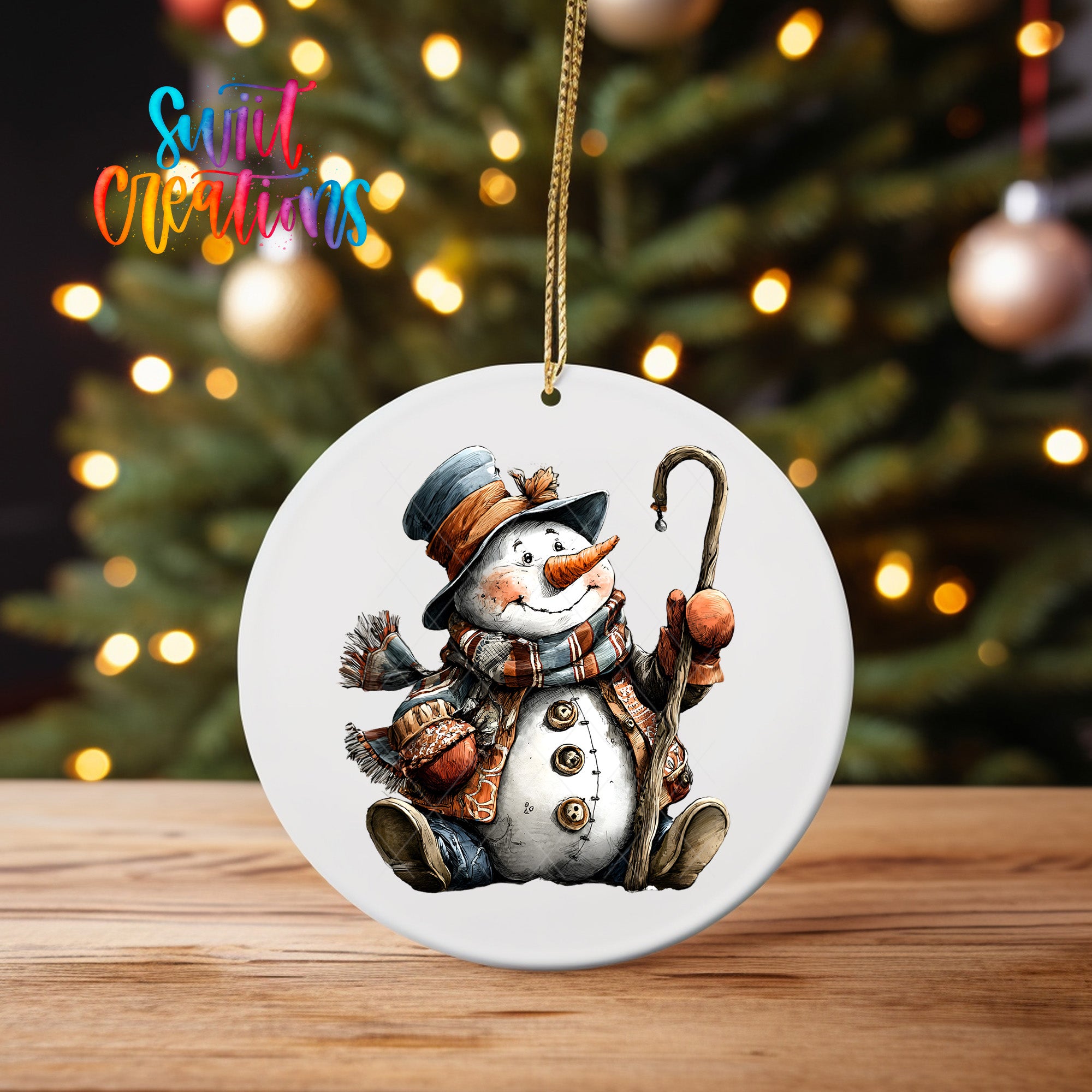 A snowman ornament with a carrot nose and hat is hanging on a string, with a blurred background of a Christmas tree and twinkling lights.