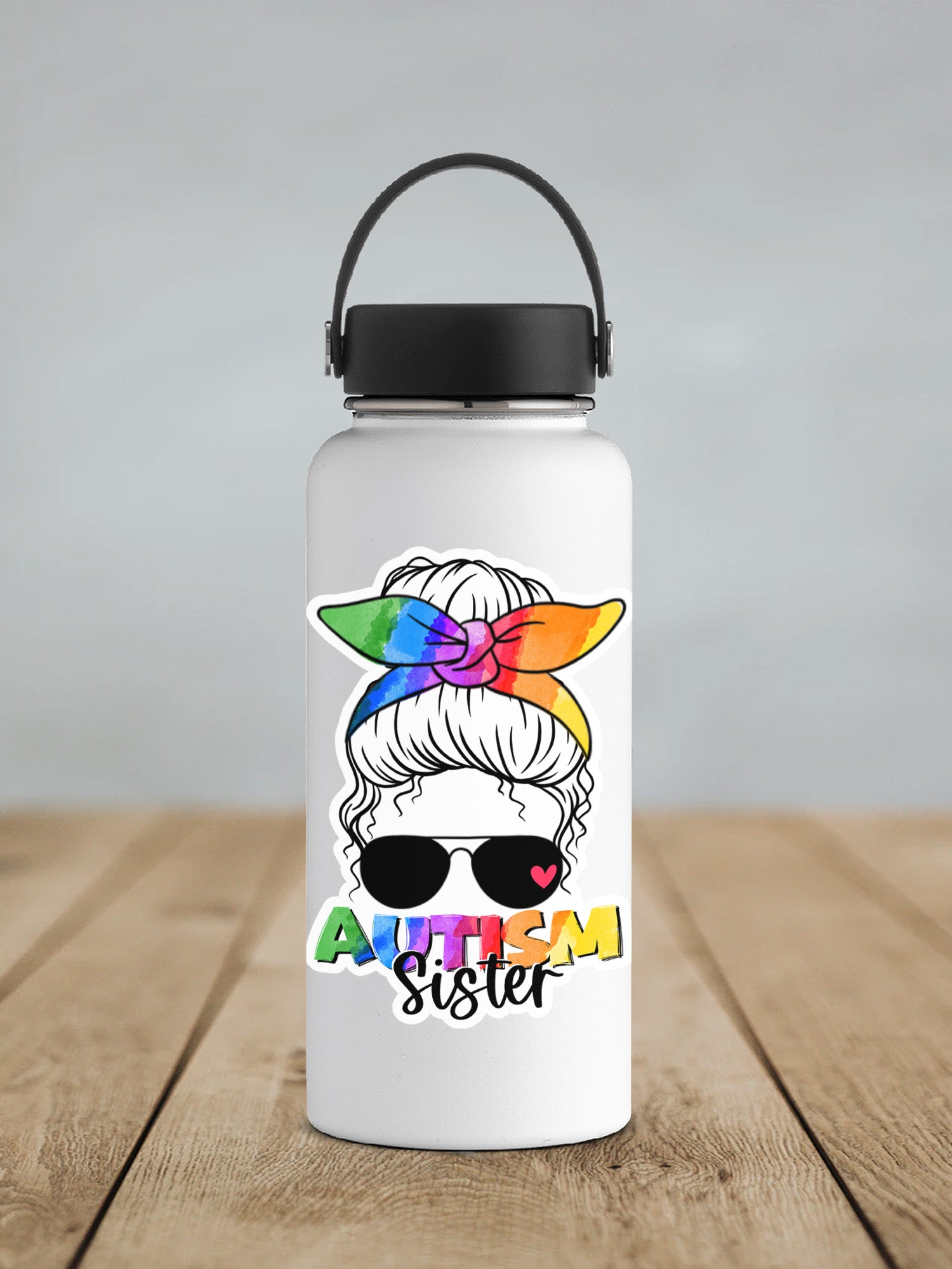 a water bottle with an image of a woman wearing sunglasses