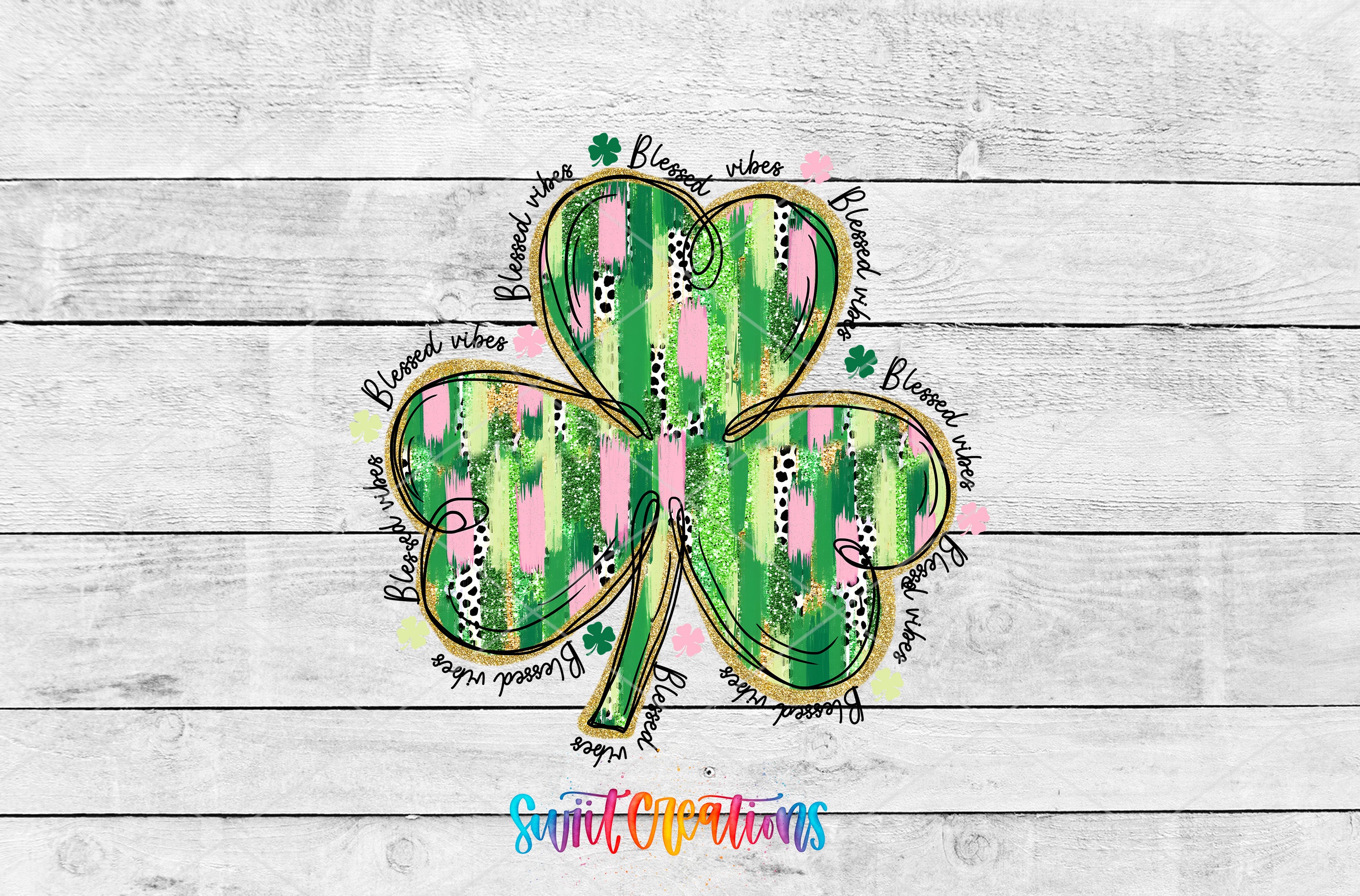 A colorful and whimsical image featuring a stylized clover with various words and phrases surrounding it, set against a white wooden background.