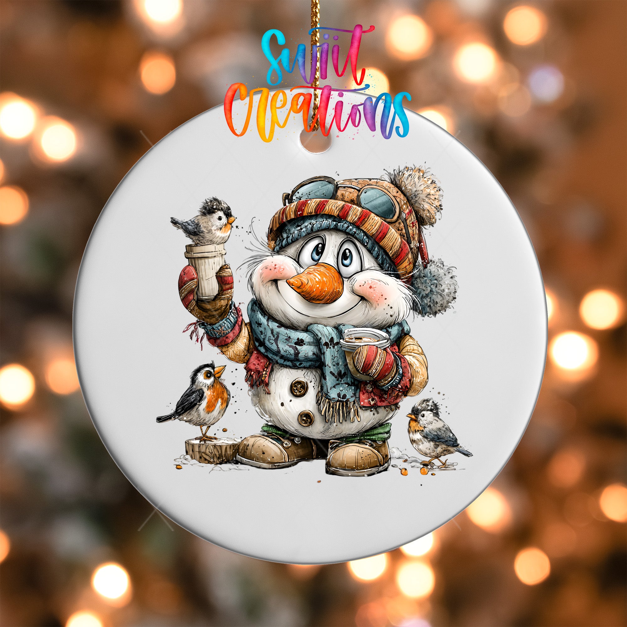 A snowman ornament with a bird perched on its shoulder, wearing a hat and scarf, and holding a cup of hot chocolate.