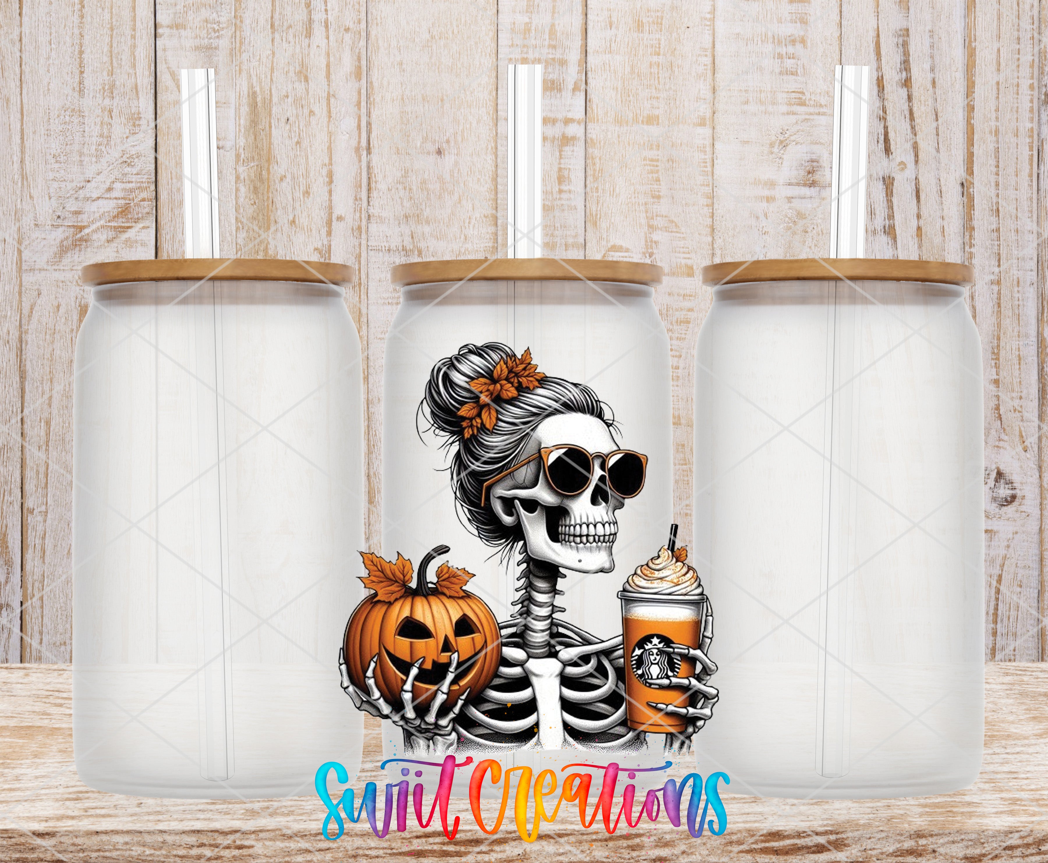 A skeleton wearing sunglasses and holding a pumpkin and a Starbucks drink is depicted in the center of the image, surrounded by three identical glass jars.