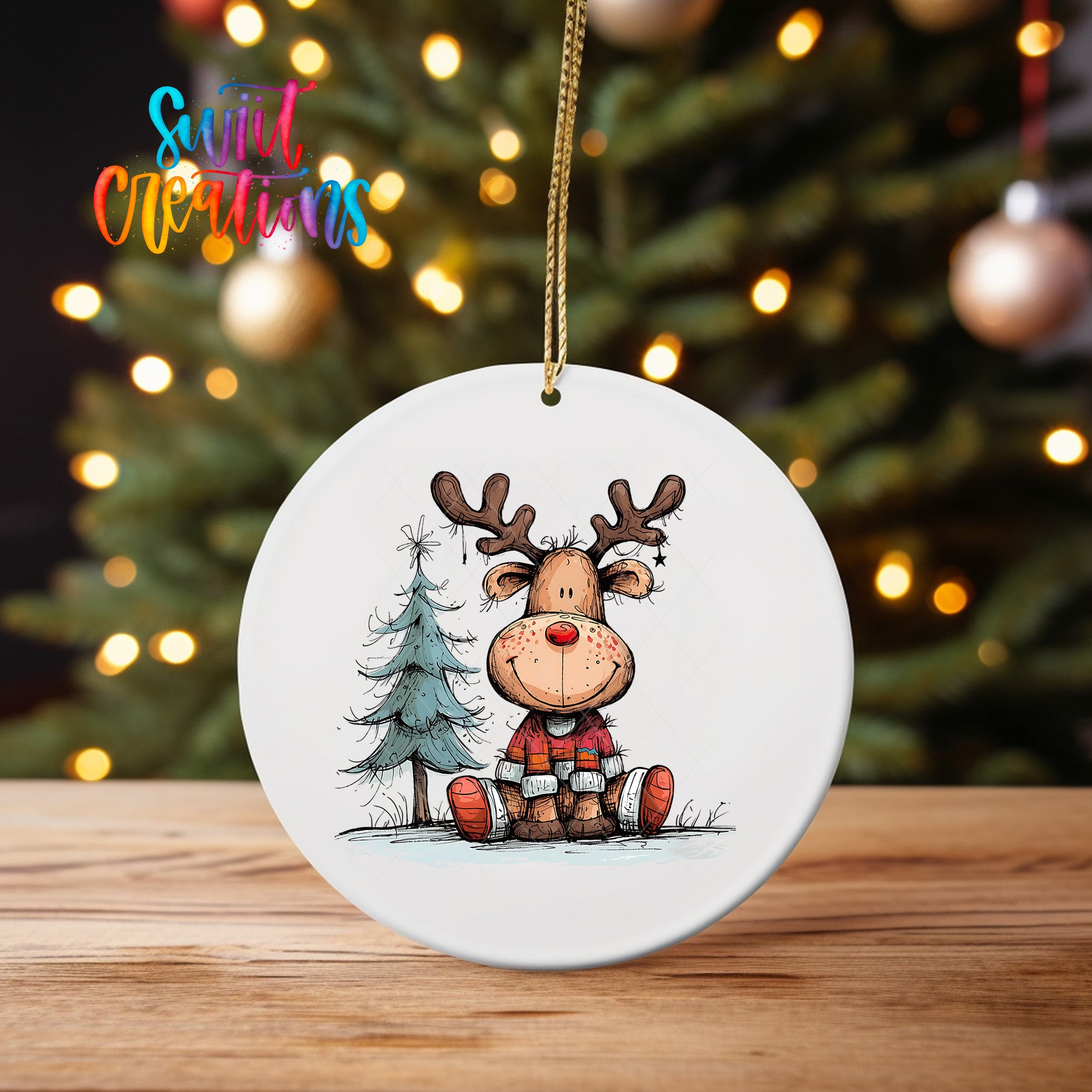 A white oval ornament featuring a cartoon reindeer sitting next to a Christmas tree, with a colorful background.