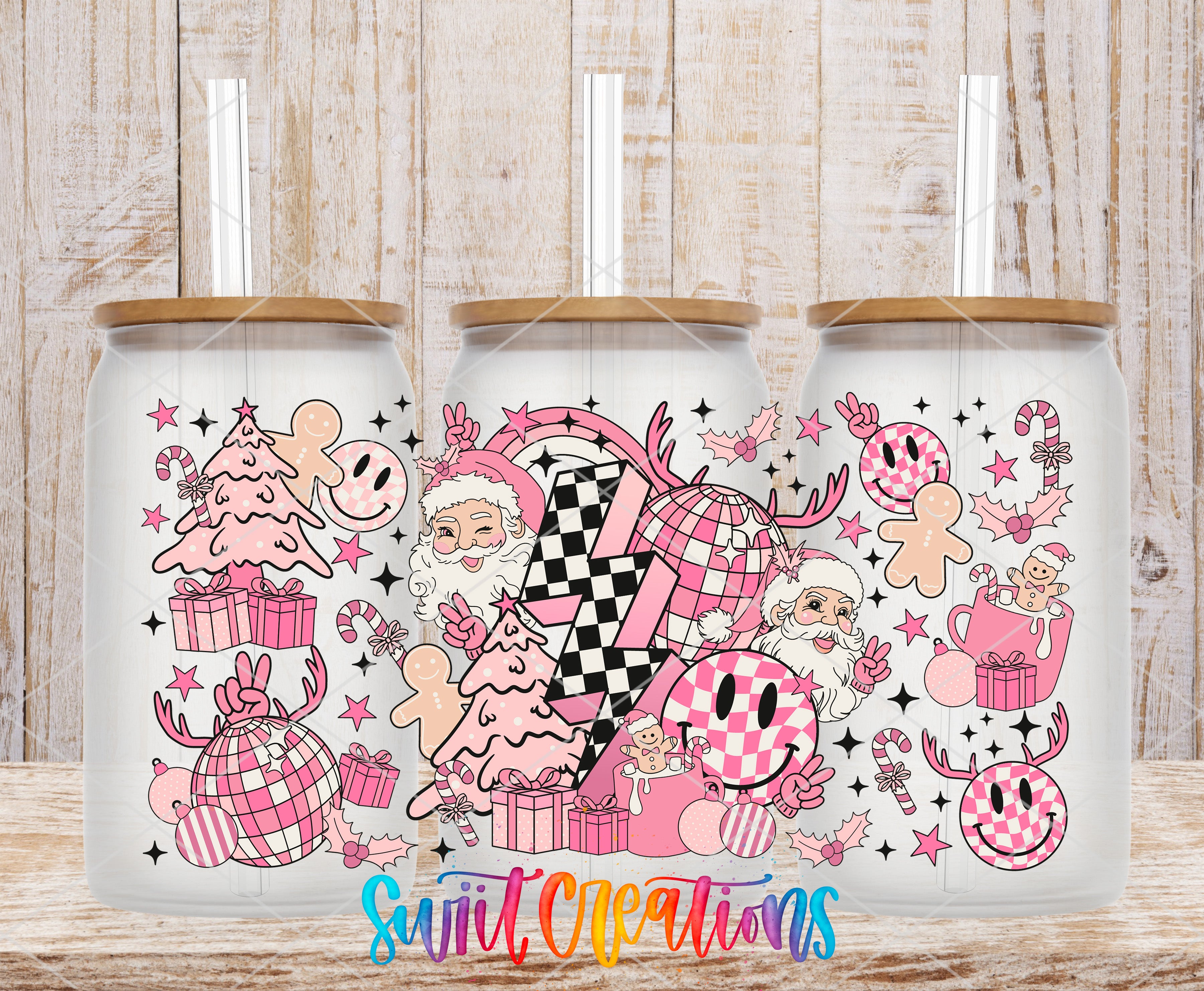 A collage of three glass jars with a festive, colorful design featuring Santa Claus, Christmas trees, candy canes, and other holiday-themed elements.