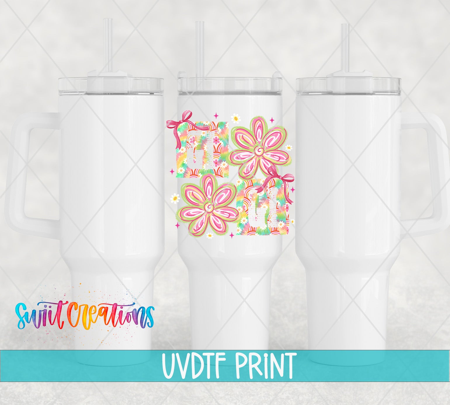 three white tumblers with colorful floral designs printed on them.