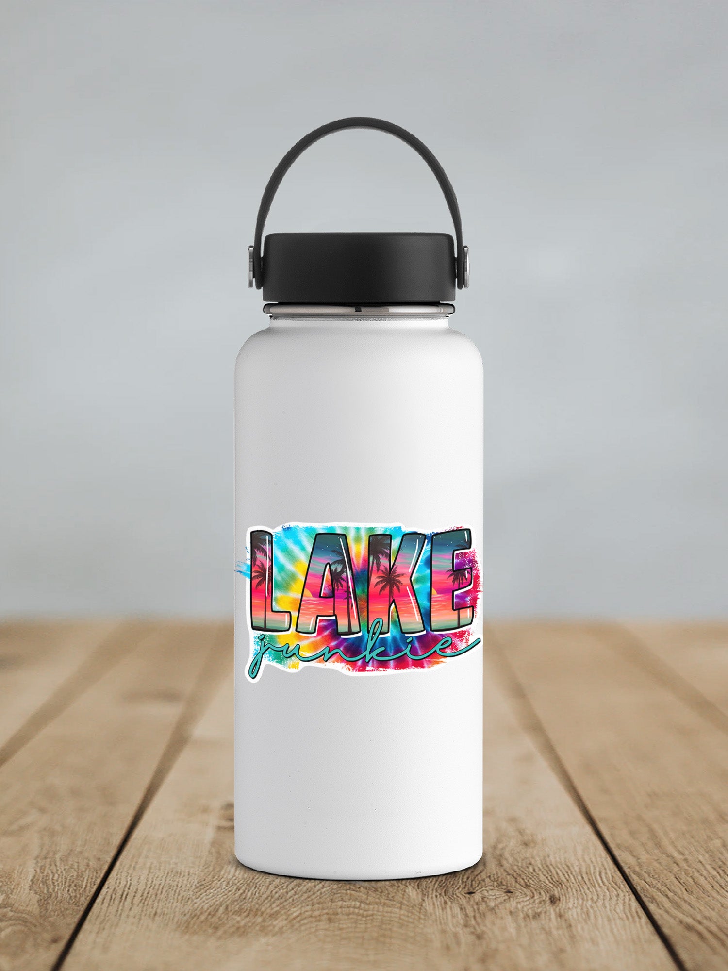 a white water bottle with the word lake printed on it