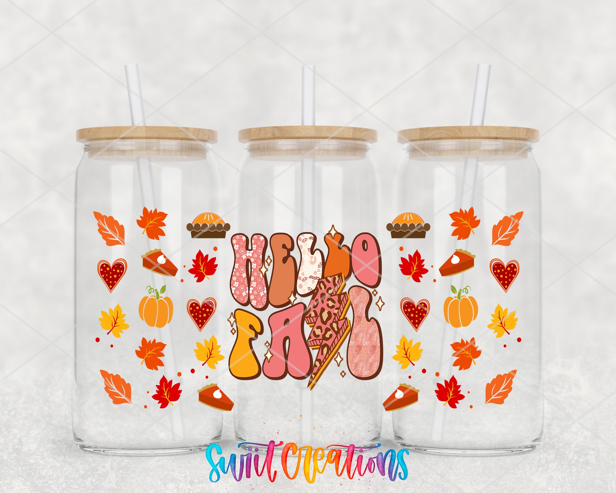 three glass jars with straws, each decorated with autumn-themed illustrations and the text "Hello Fall" written on them.