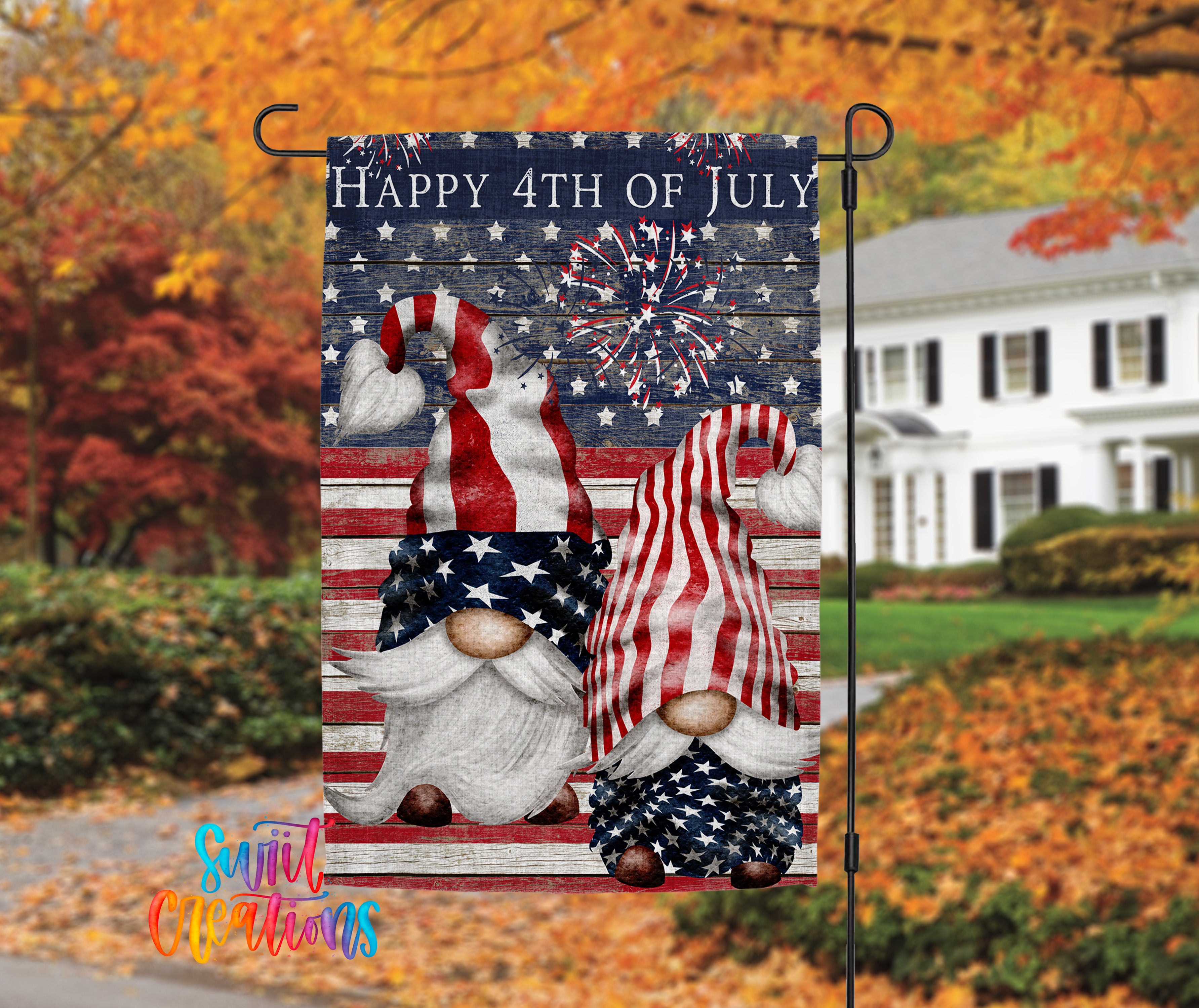 A patriotic flag featuring two gnomes wearing American flags and a fireworks display in the background, with the text "Happy 4th of July".