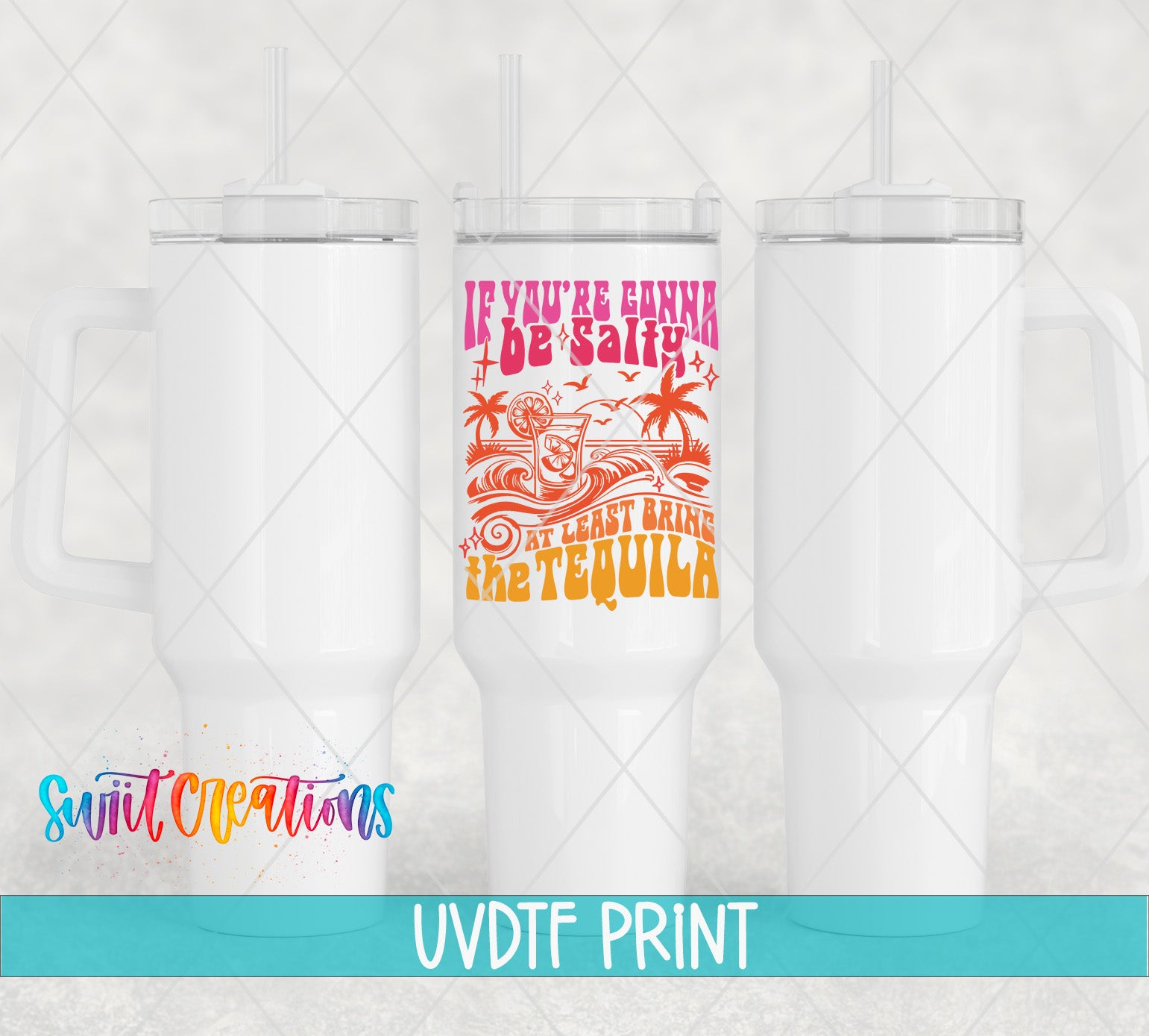 three white tumblers with colorful designs and text printed on them.