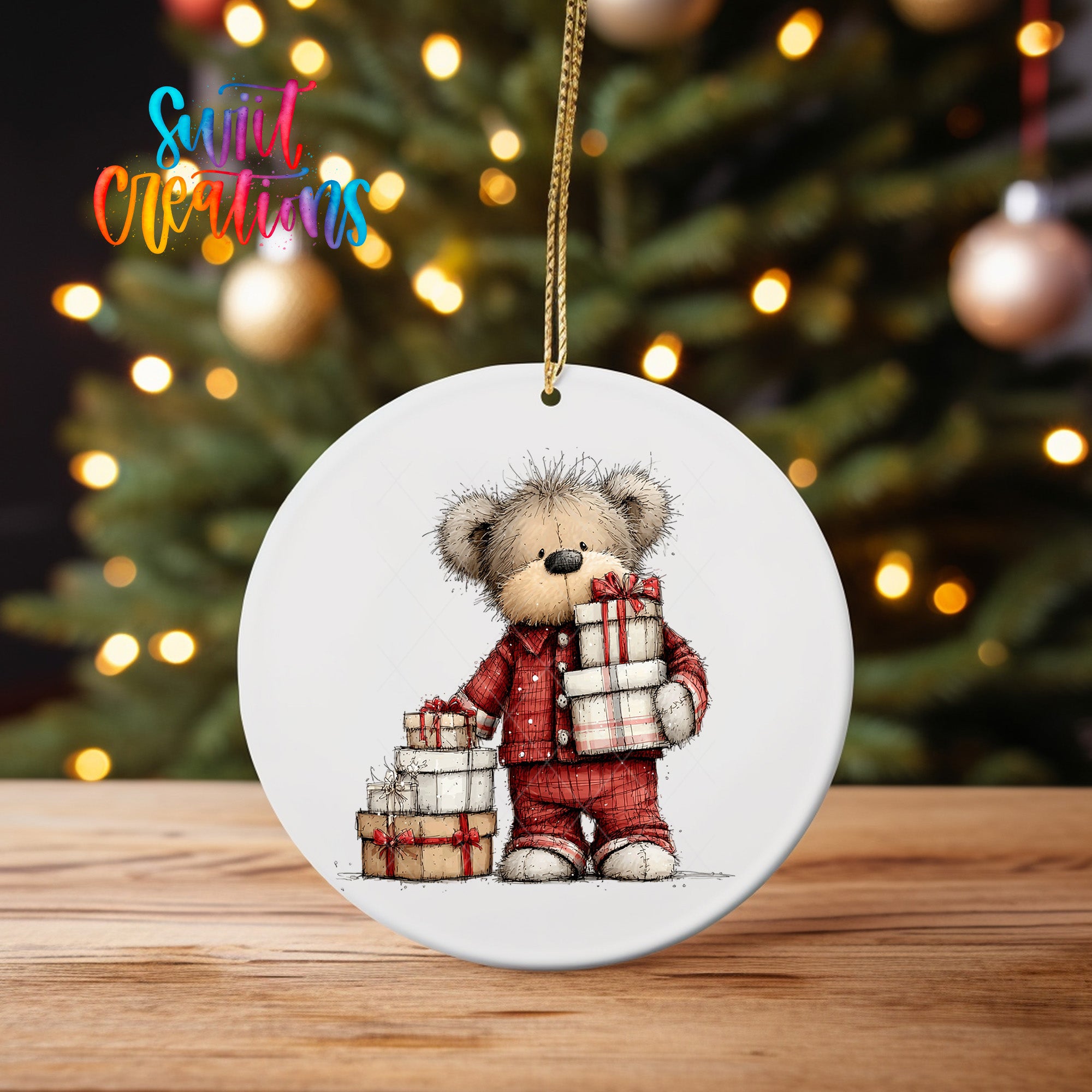 A white ceramic ornament featuring a teddy bear wearing a red outfit and holding a stack of wrapped presents, with a Christmas tree in the background.