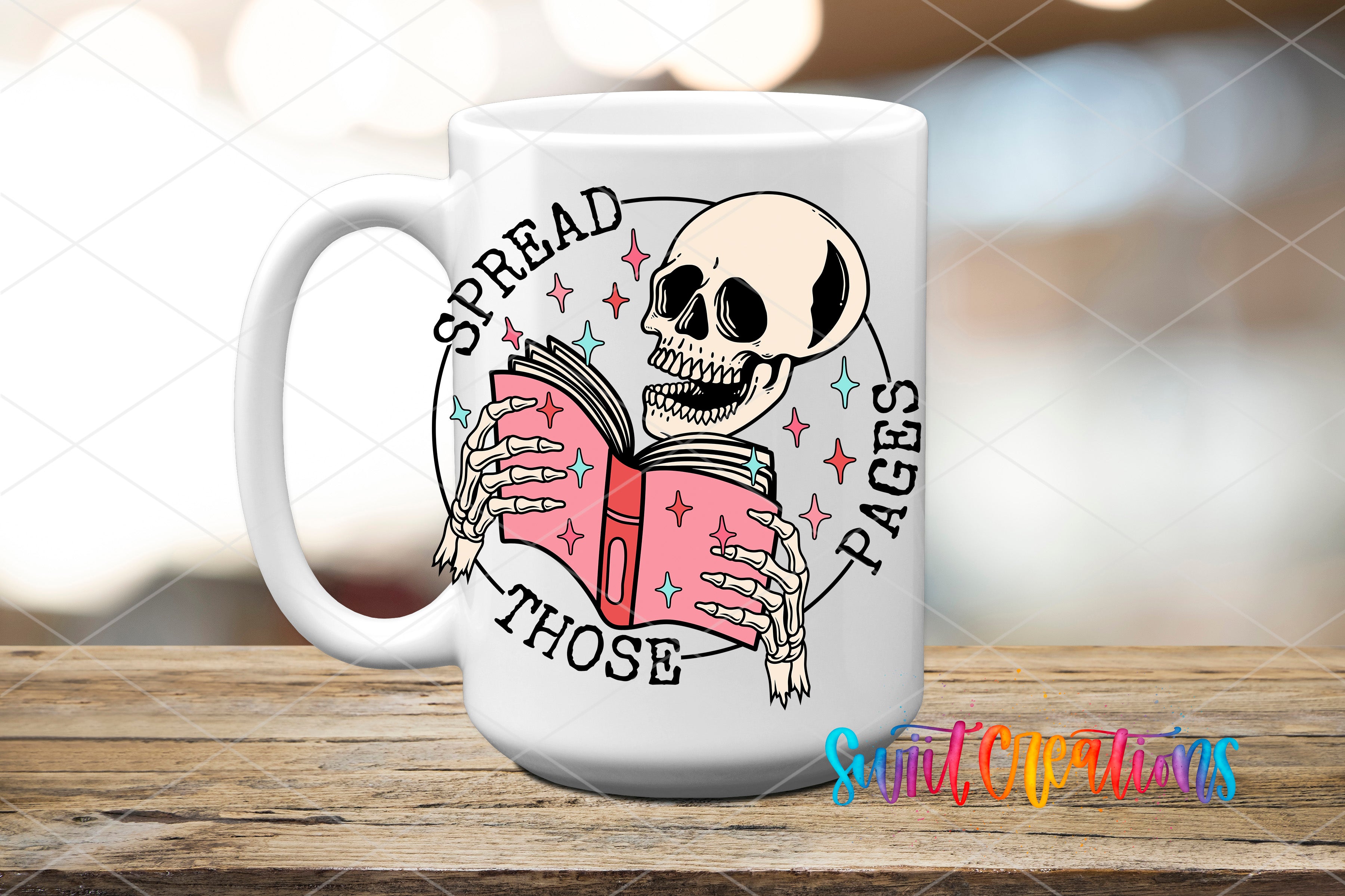 A white ceramic mug with a graphic design featuring a skeleton holding a book and the text "SPREAD THOSE PAGES" around it.