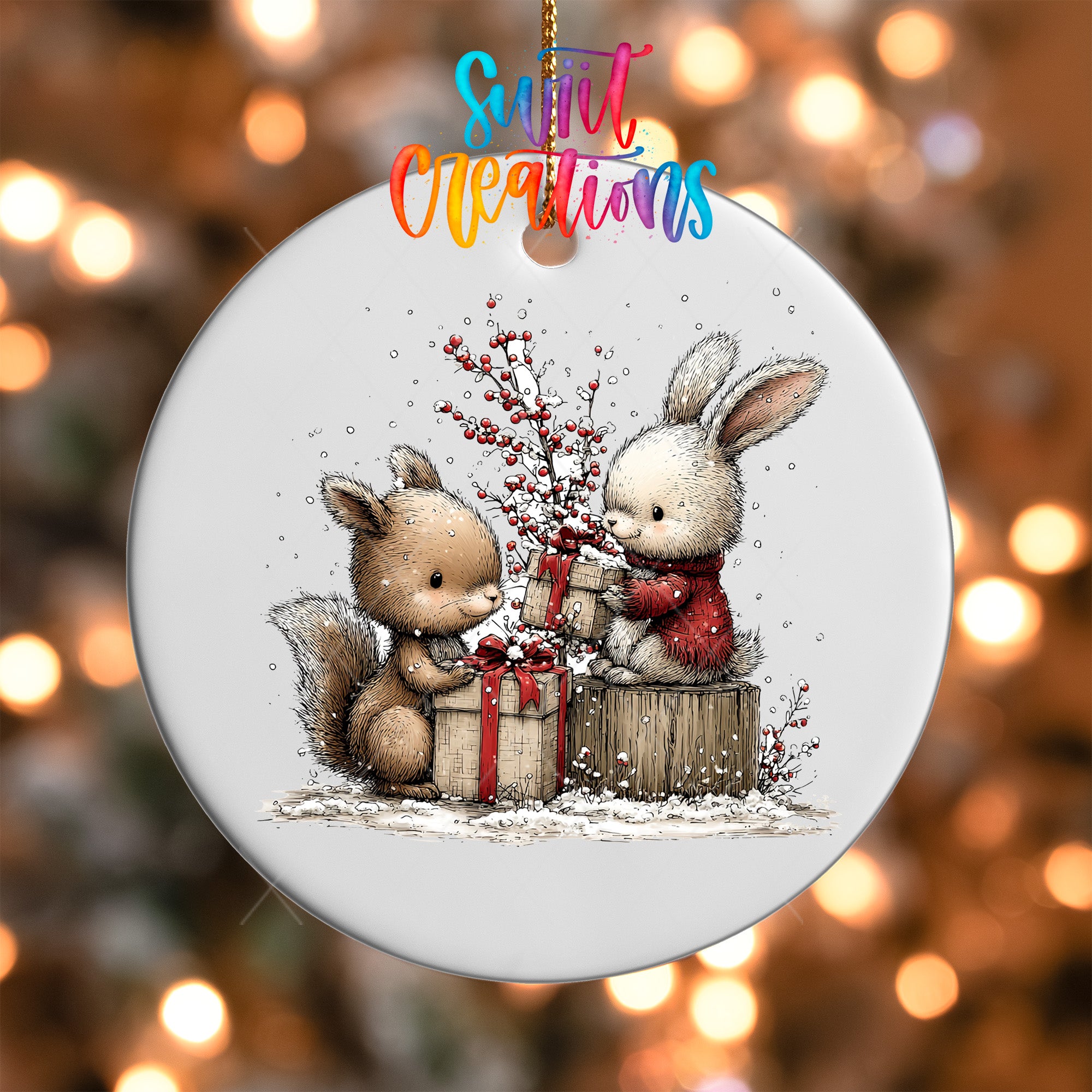 A white ornament featuring two cute cartoon rabbits, one brown and one white, sitting on a stump and holding presents. The background is a blurred image of twinkling lights, creating a festive atmosphere.