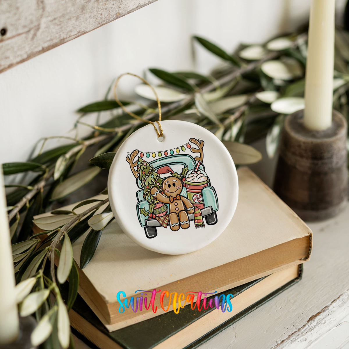 A ceramic ornament featuring a gingerbread man riding in a truck, surrounded by holiday decorations and books.