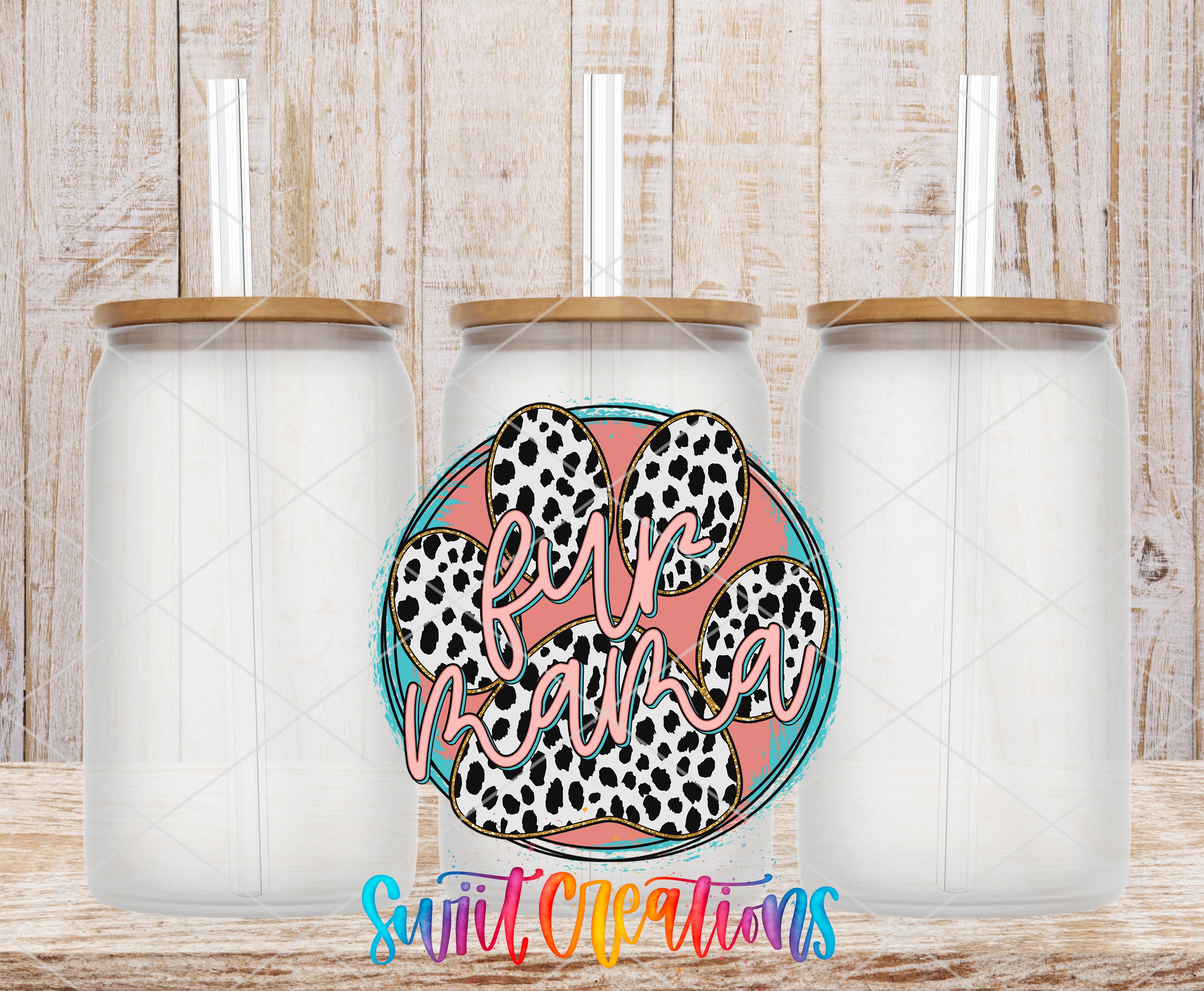 three clear glass jars with wooden lids, arranged in a row against a wooden background. In the center of the image, there is a colorful graphic design that includes a paw print and the text "Furry Mama" written in a stylized font.