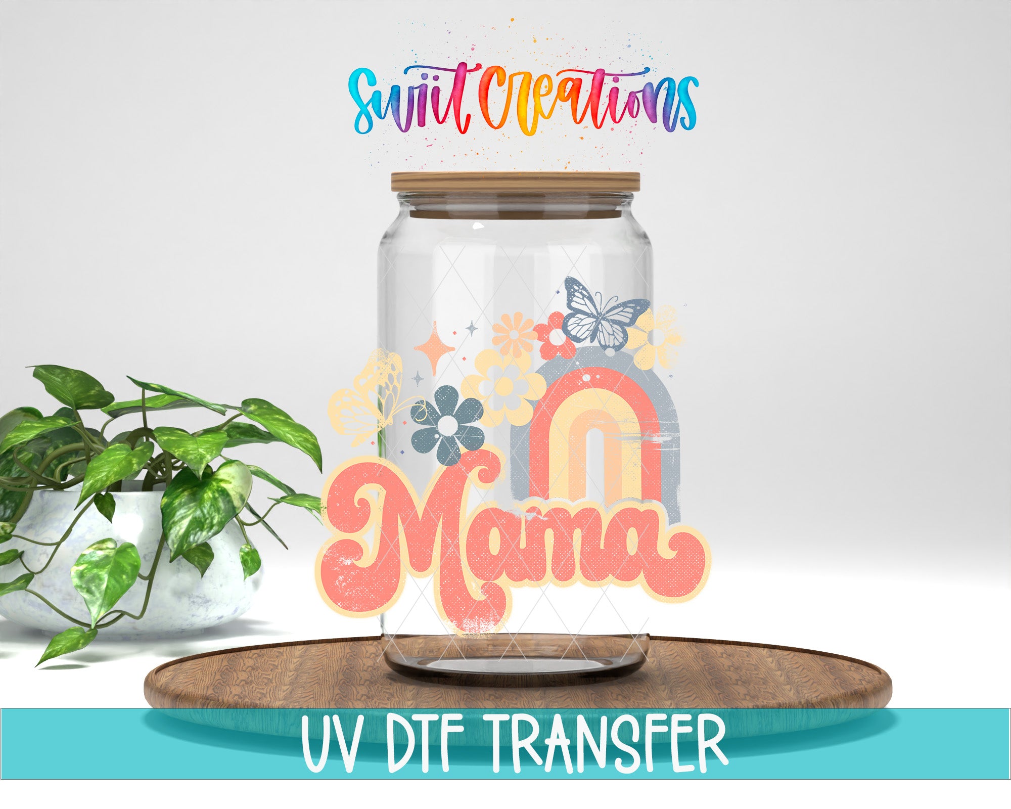 A glass jar with a label that says "Mama" and a rainbow graphic, placed on a wooden surface next to a potted plant.