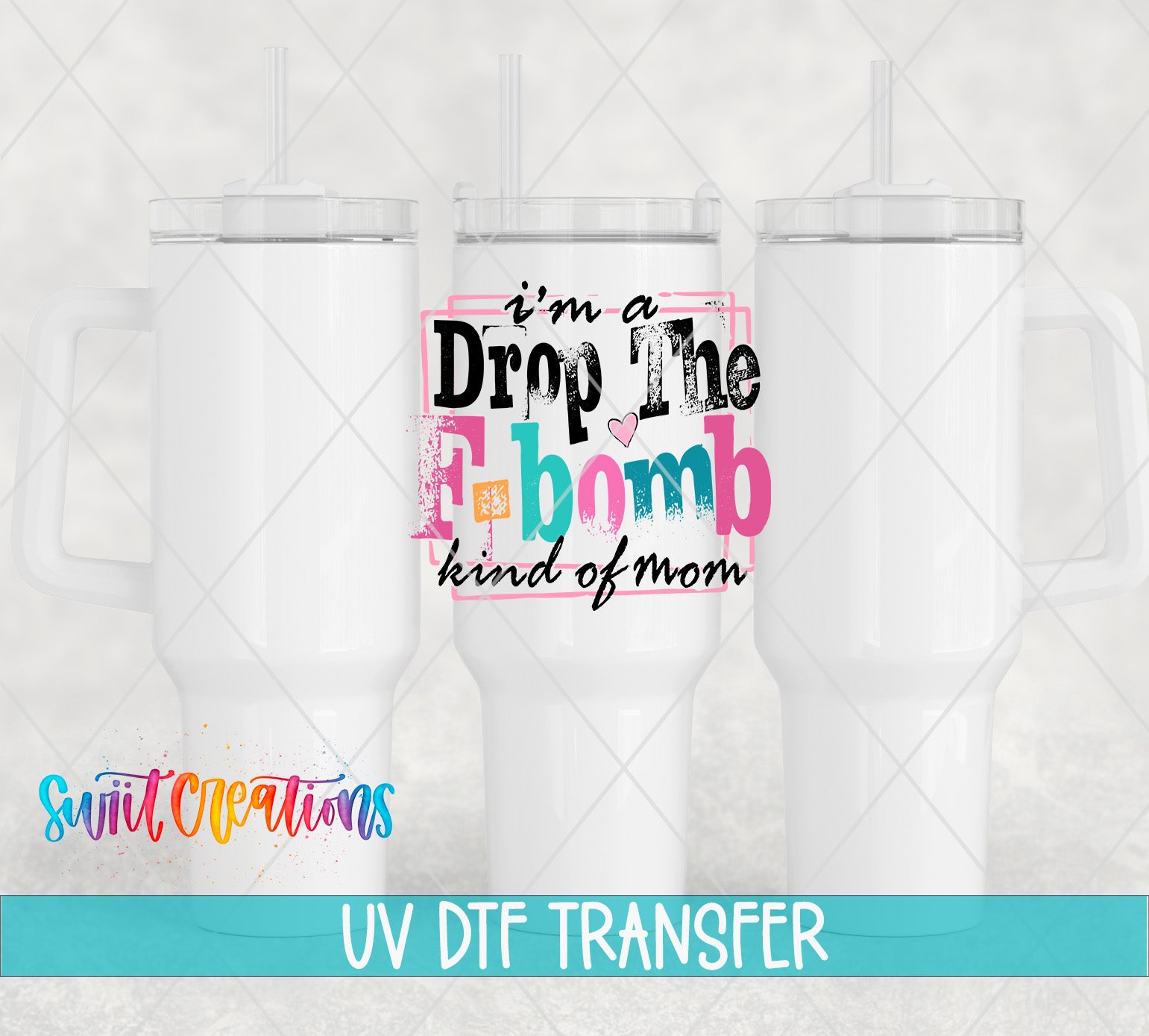 three white tumblers with a colorful graphic design on them, including text and a stylized "D" shape.