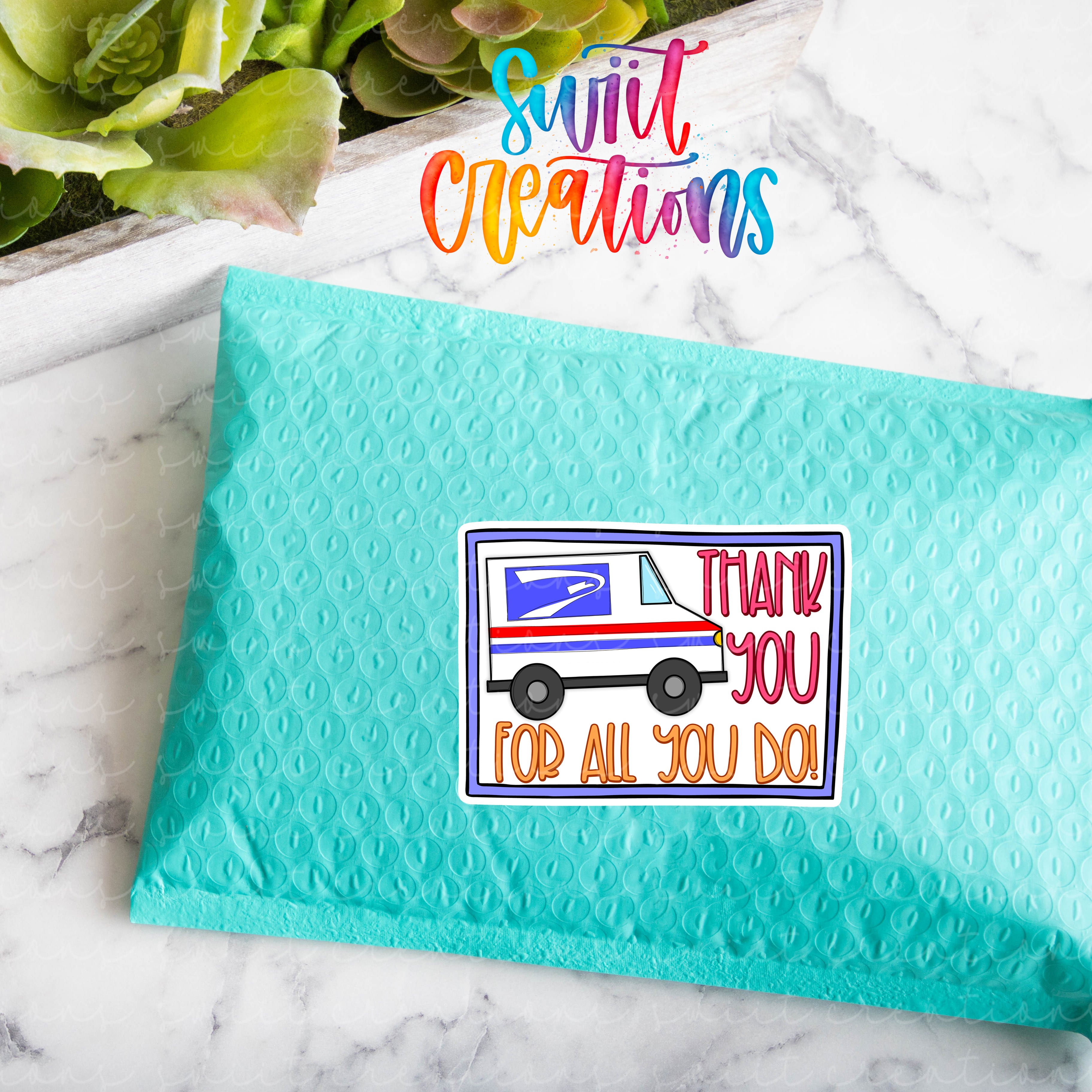 a blue envelope with a picture of a truck on it