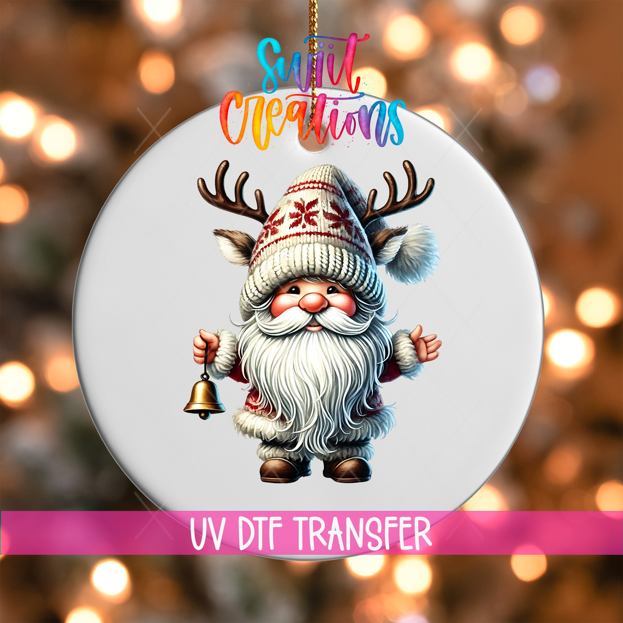 A gnome ornament with antlers and a Santa hat is displayed against a blurred background with Christmas lights.