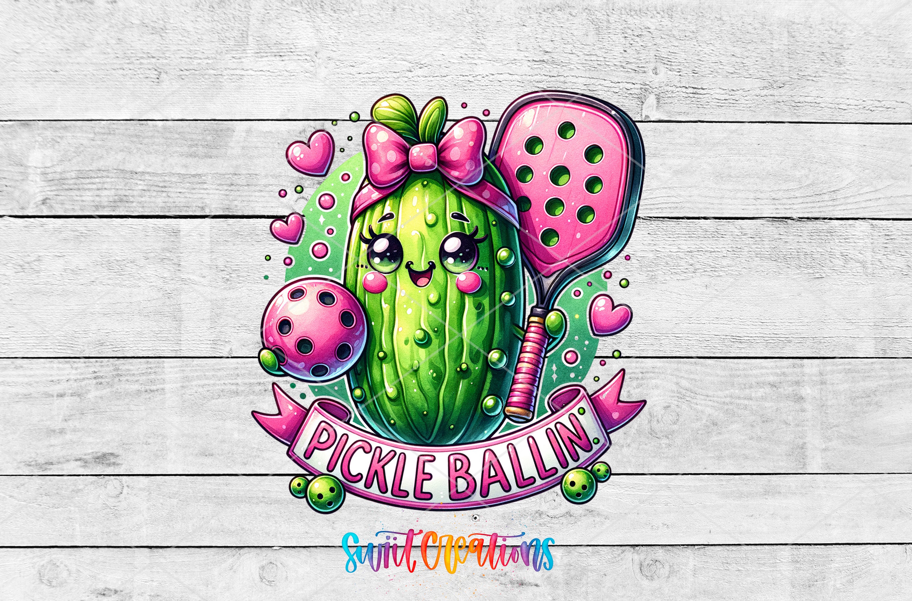 A colorful illustration of a pickle with a bow on its head, holding a paddle and surrounded by hearts and the text "Pickle Ballin'".