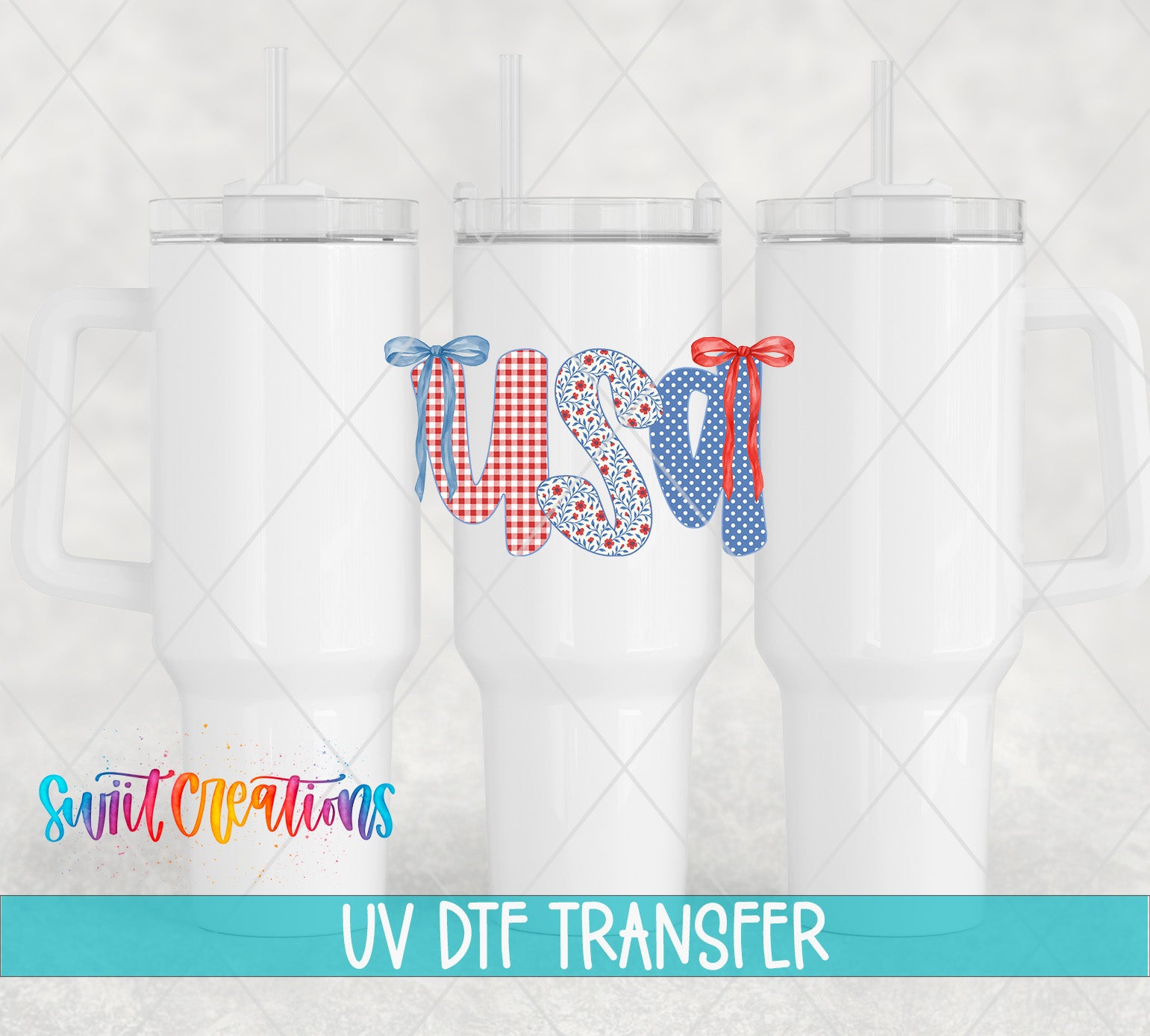 three white tumblers with the word "USA" printed on them, along with decorative ribbons. The text "Swit Transfers UV Dtf Transfers" is displayed below the tumblers.