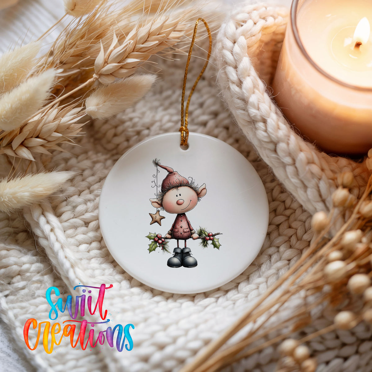 A white ceramic ornament featuring a cartoon elf wearing a hat and holding a star, surrounded by dried flowers and a lit candle.