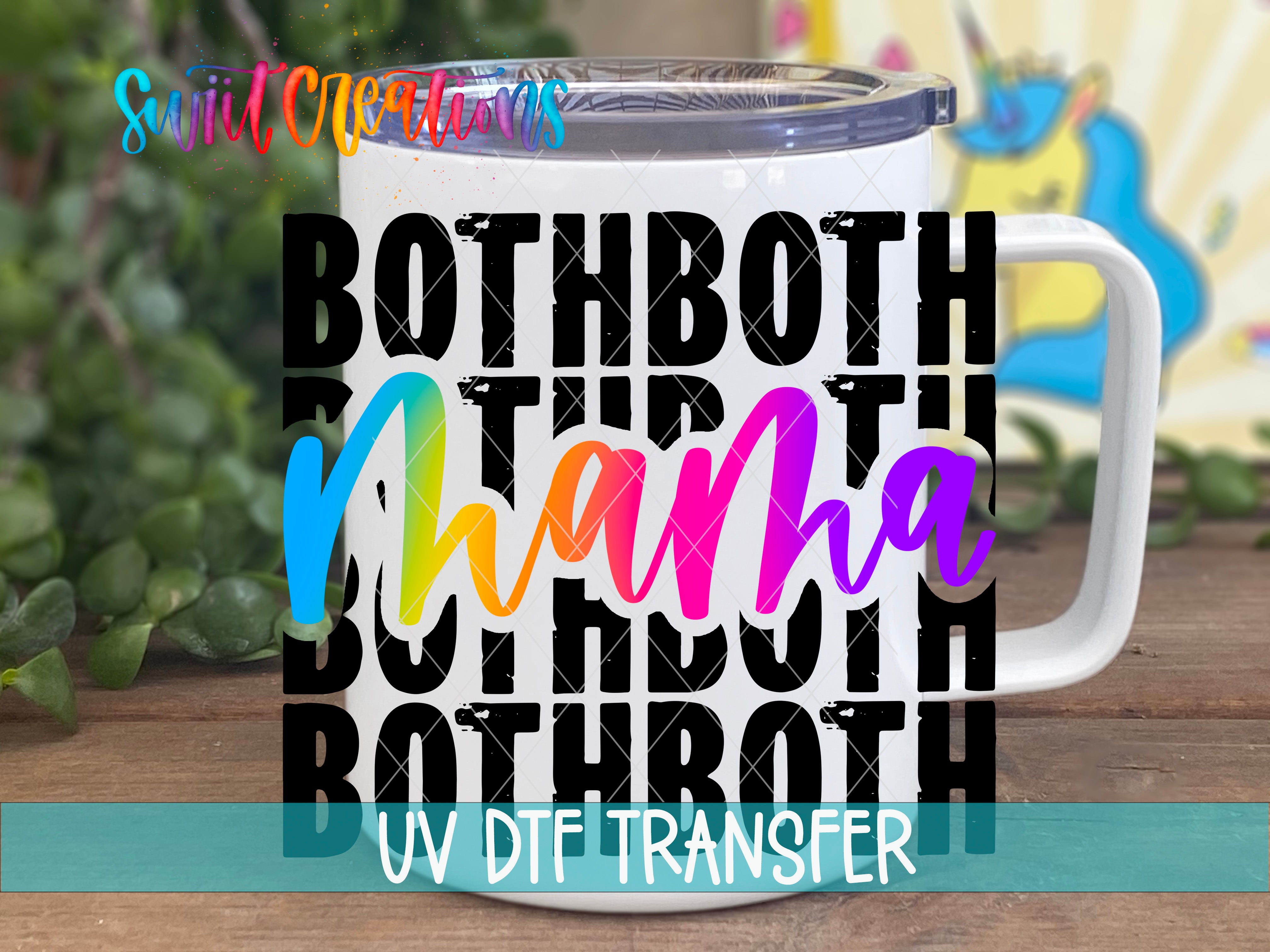 A white mug with a colorful text design on it, placed on a wooden surface.