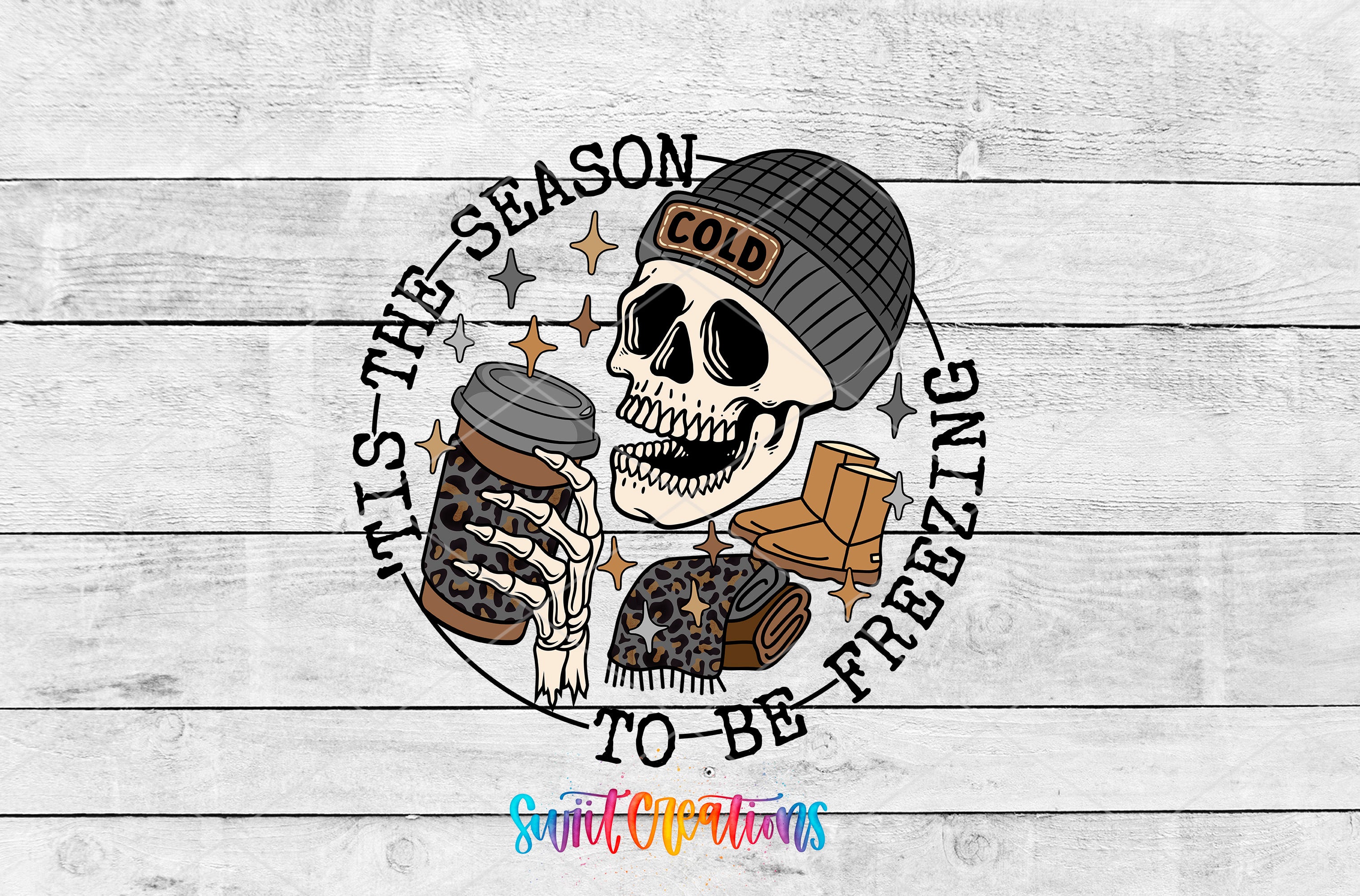 A stylized illustration of a skull wearing a beanie and holding a coffee cup, surrounded by snowflakes and text that reads "It's the season to be freezing".