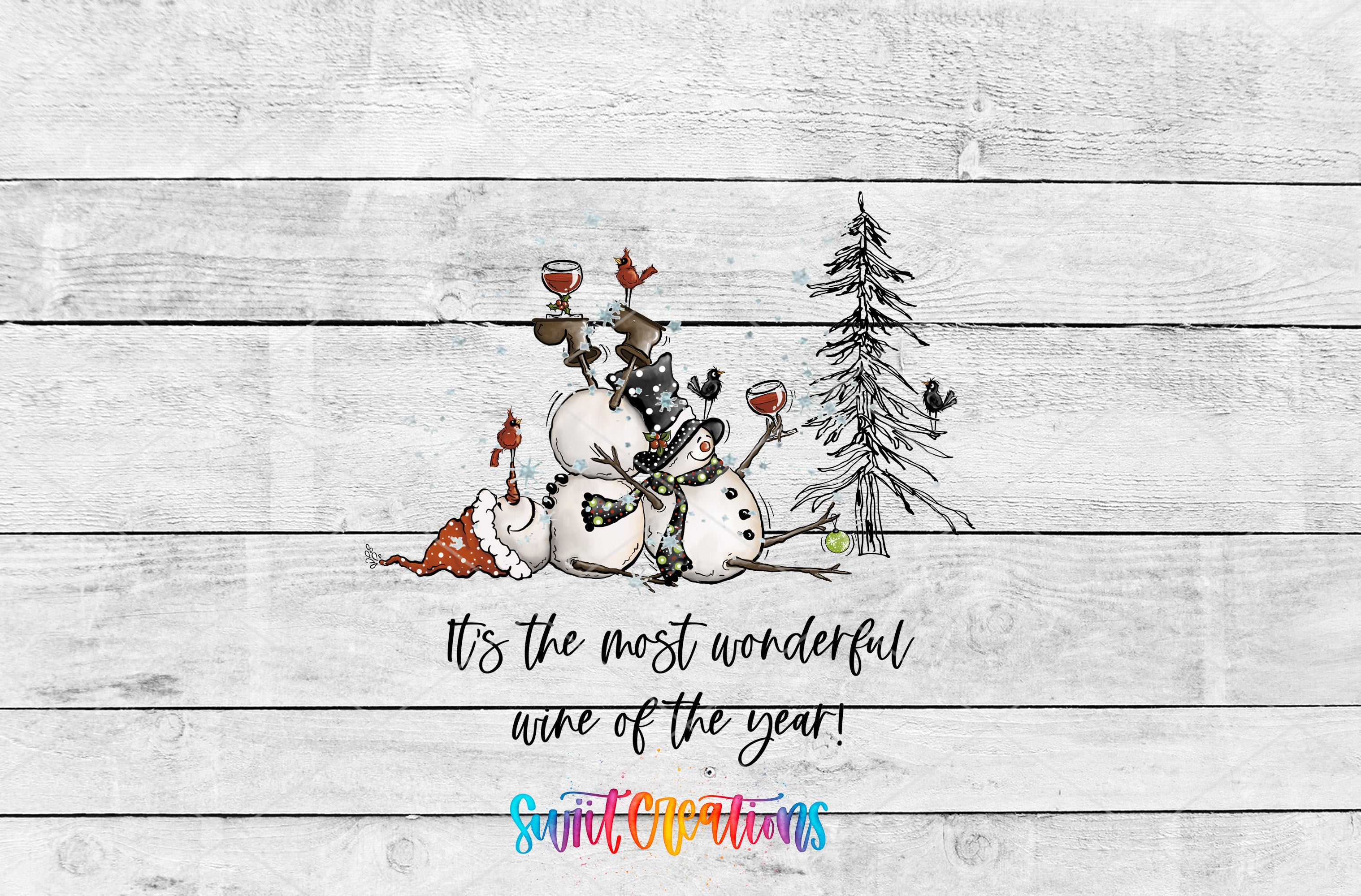 A snowman, a Christmas tree, and a bird are depicted in the image, accompanied by the text "It's the most wonderful wine of the year!"
