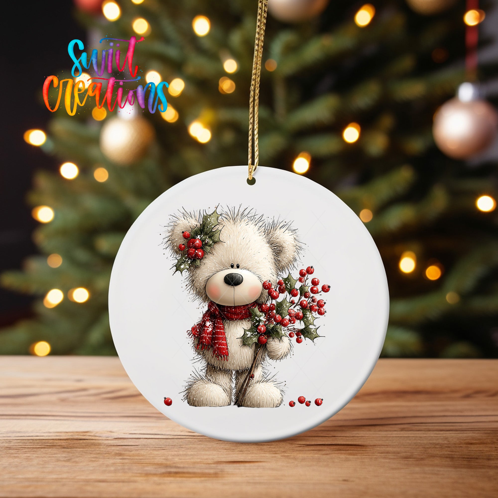 A white ceramic ornament featuring a teddy bear holding berries and wearing a red scarf, placed on a wooden surface in front of a blurred Christmas tree with twinkling lights.