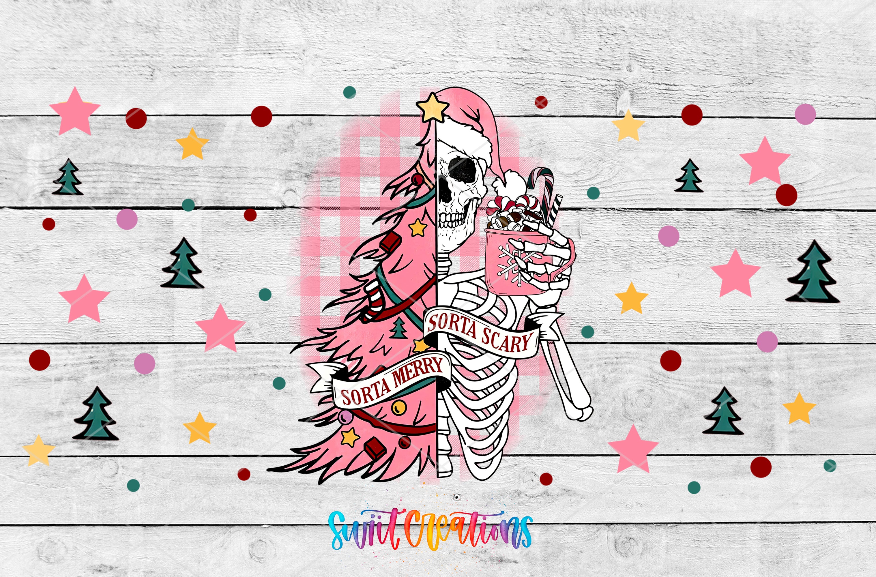 A colorful illustration of a skeleton holding a Christmas tree and a banner that says "Santa Merry". The skeleton is surrounded by various Christmas-themed elements, such as stars, pine trees, and other festive decorations.