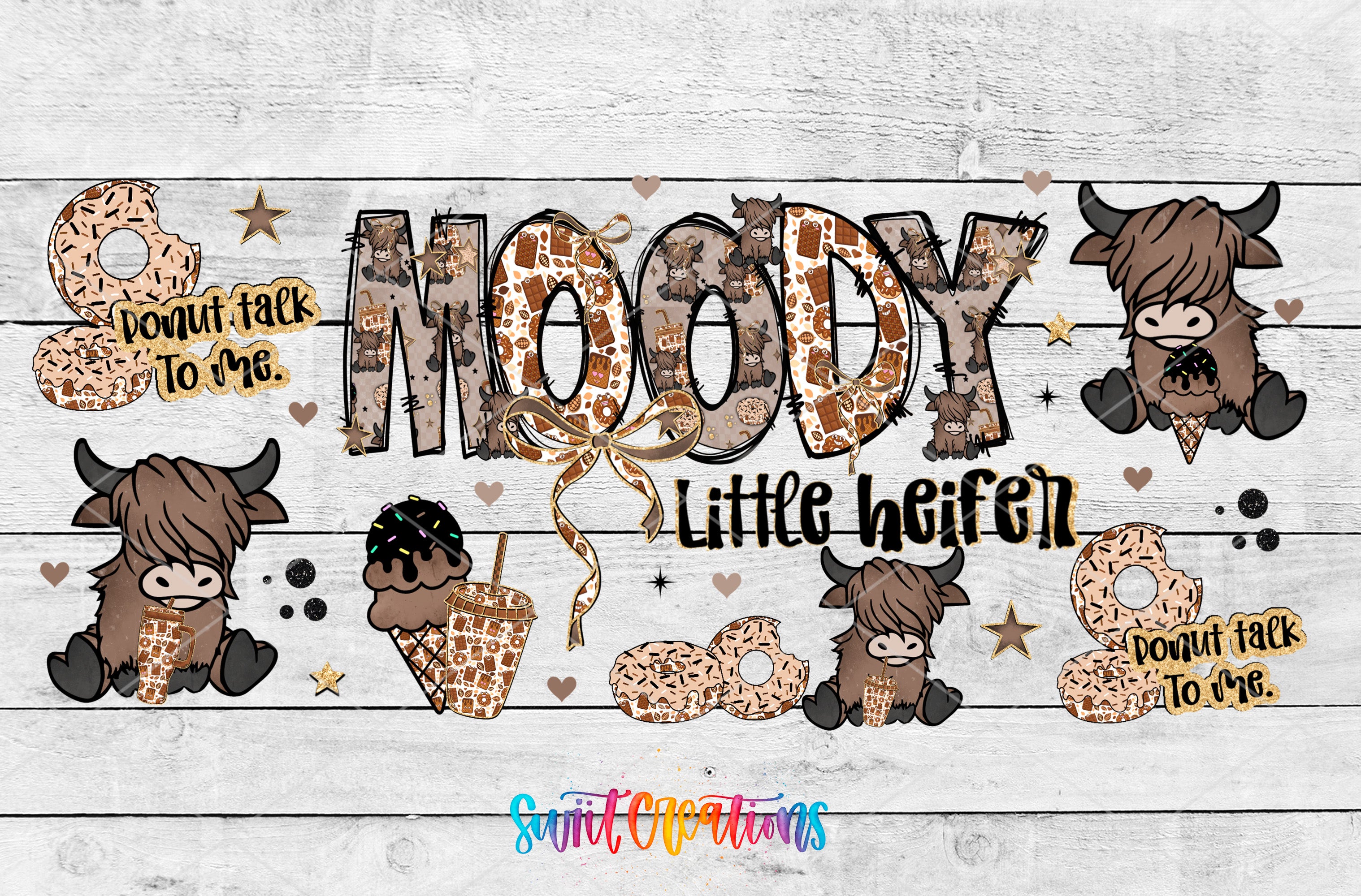 The image is a collage featuring cartoon-style cows and donuts, with the word "MODY" prominently displayed.